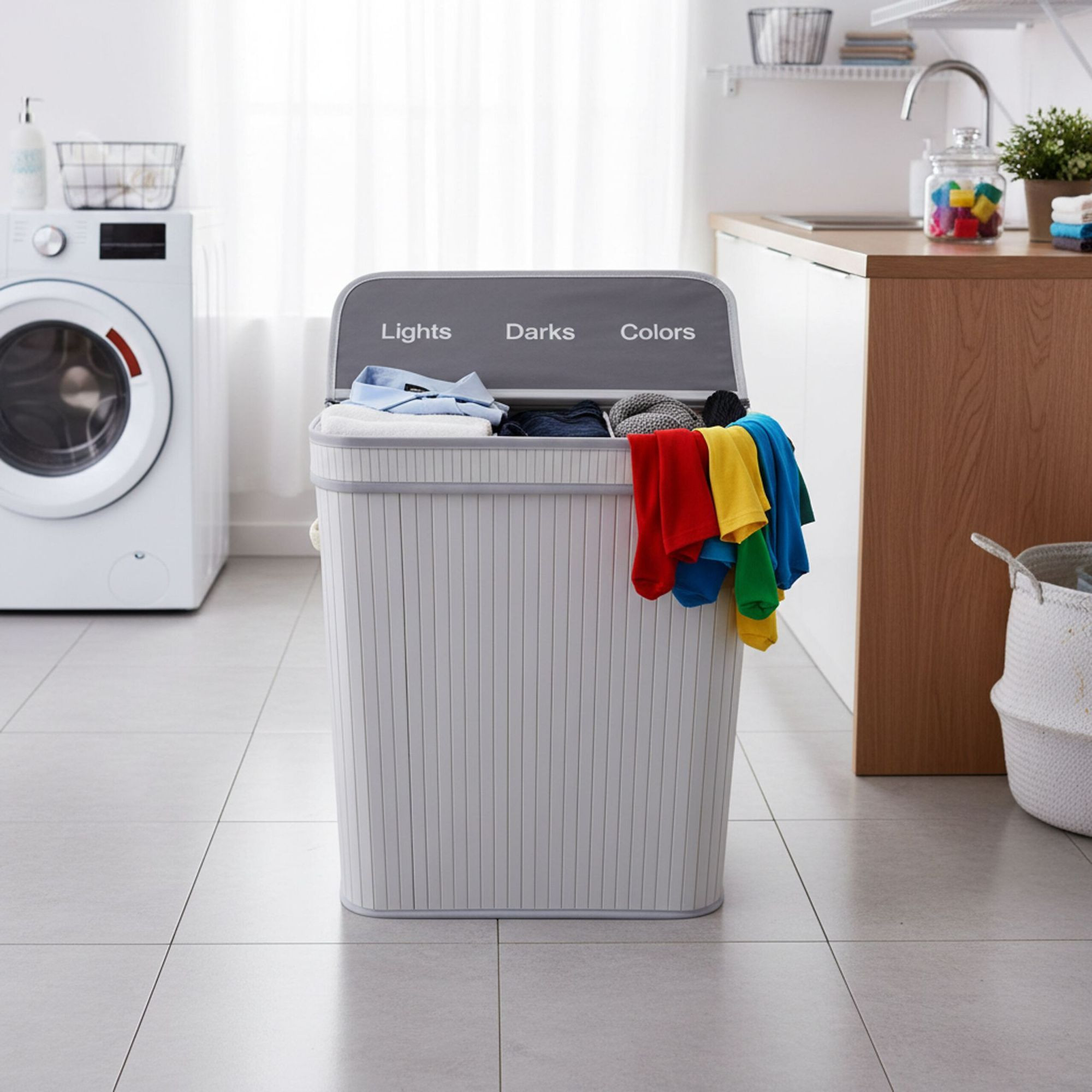 Panier à linge en bambou, 2 compartiments, pliable