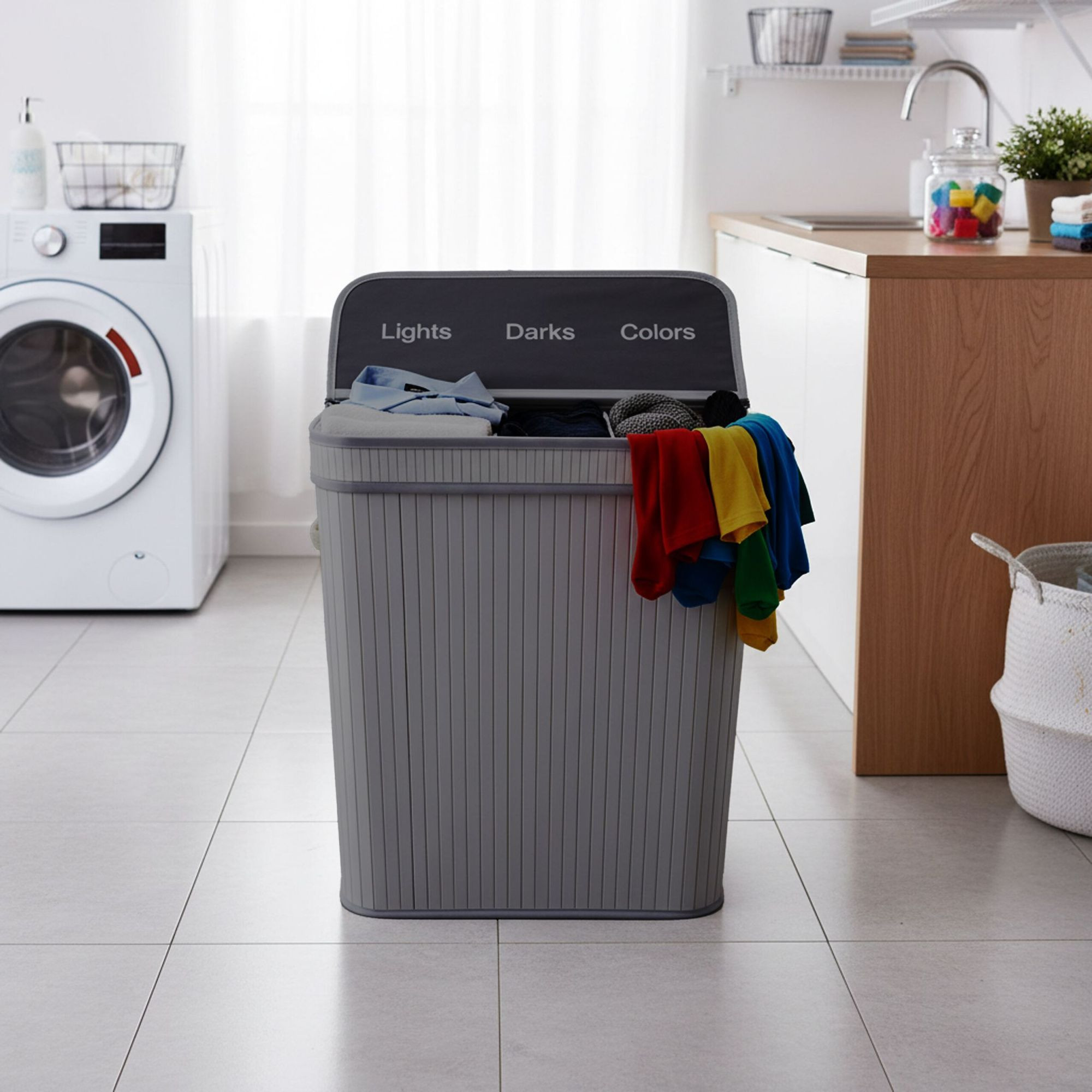 Panier à linge en bambou, 2 compartiments, pliable