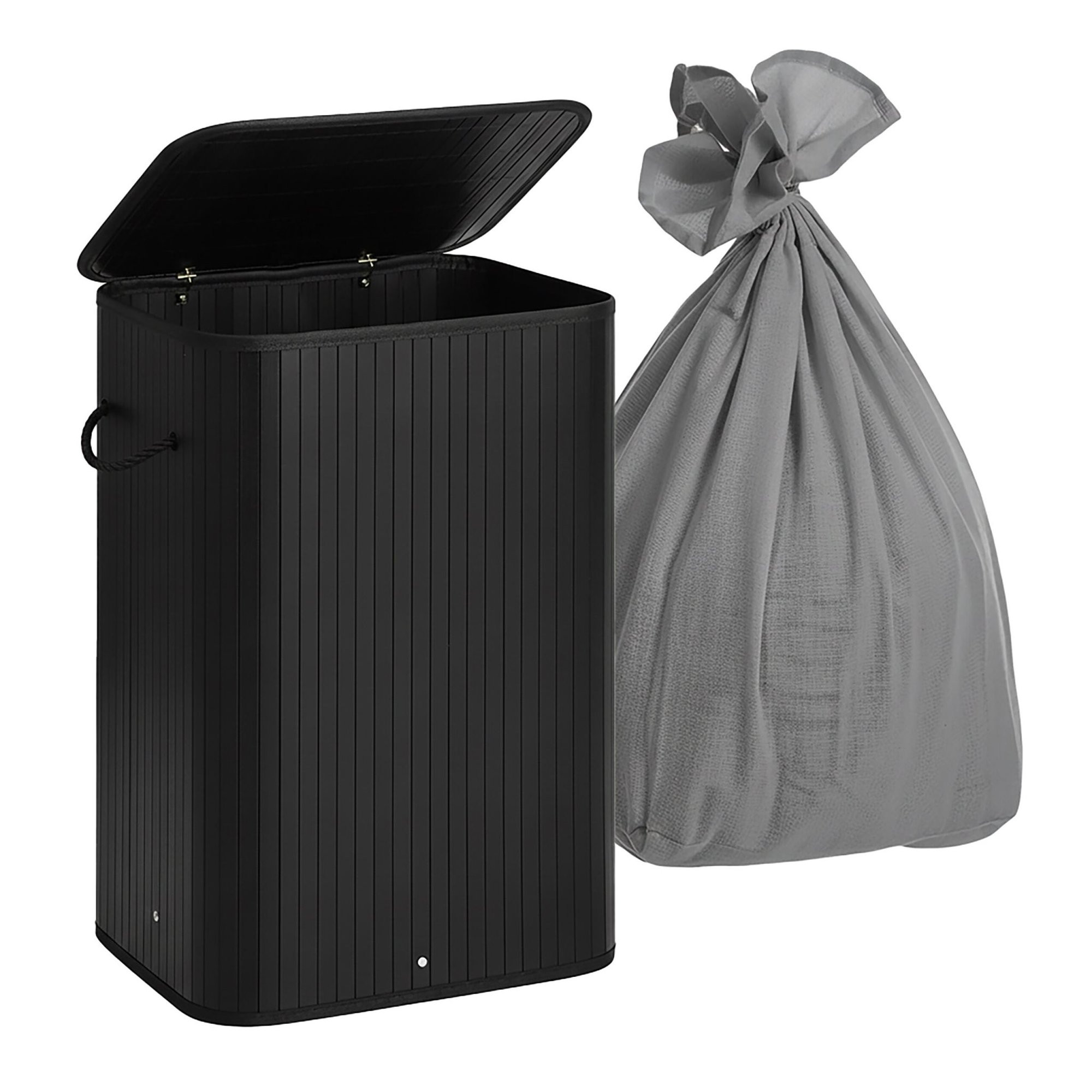 Cesto de roupa suja de bambu, com 2 compartimentos e tampa.