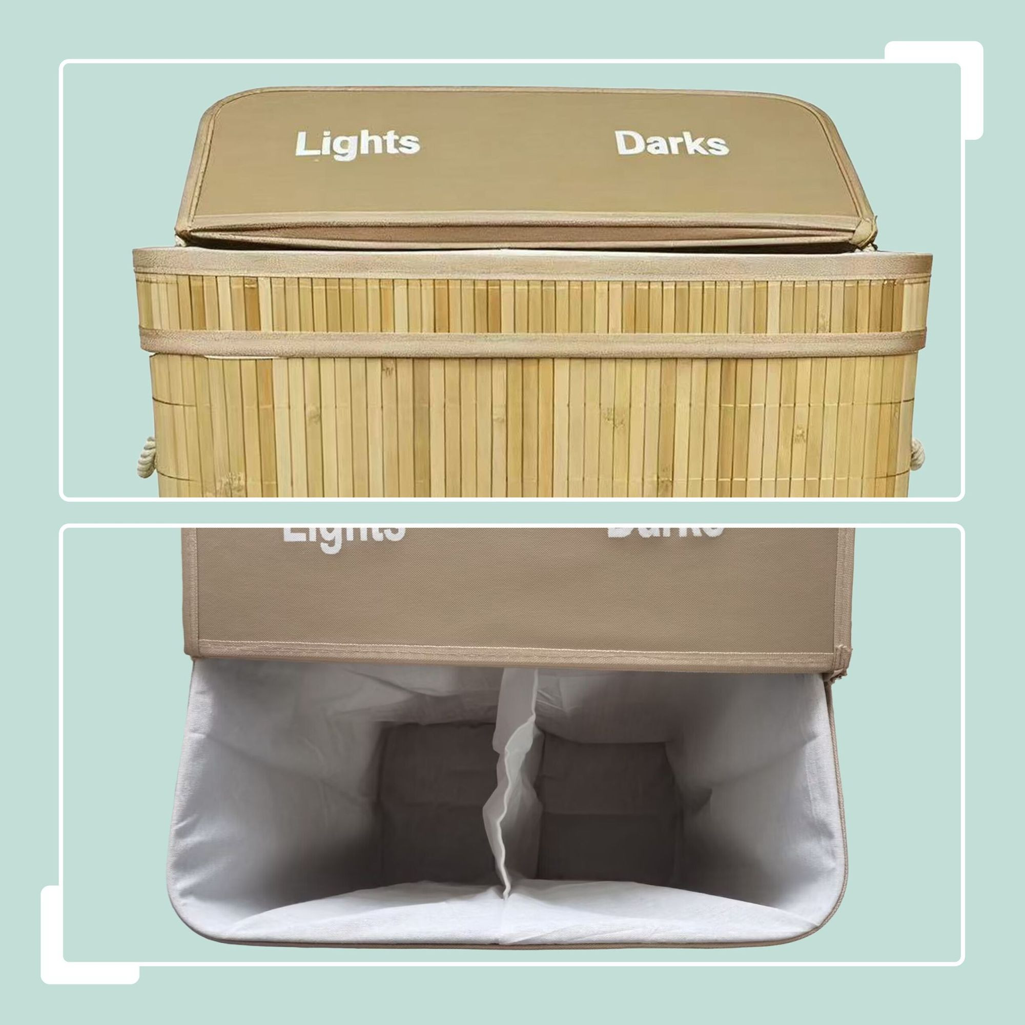 Panier à linge en bambou, 2 compartiments, pliable