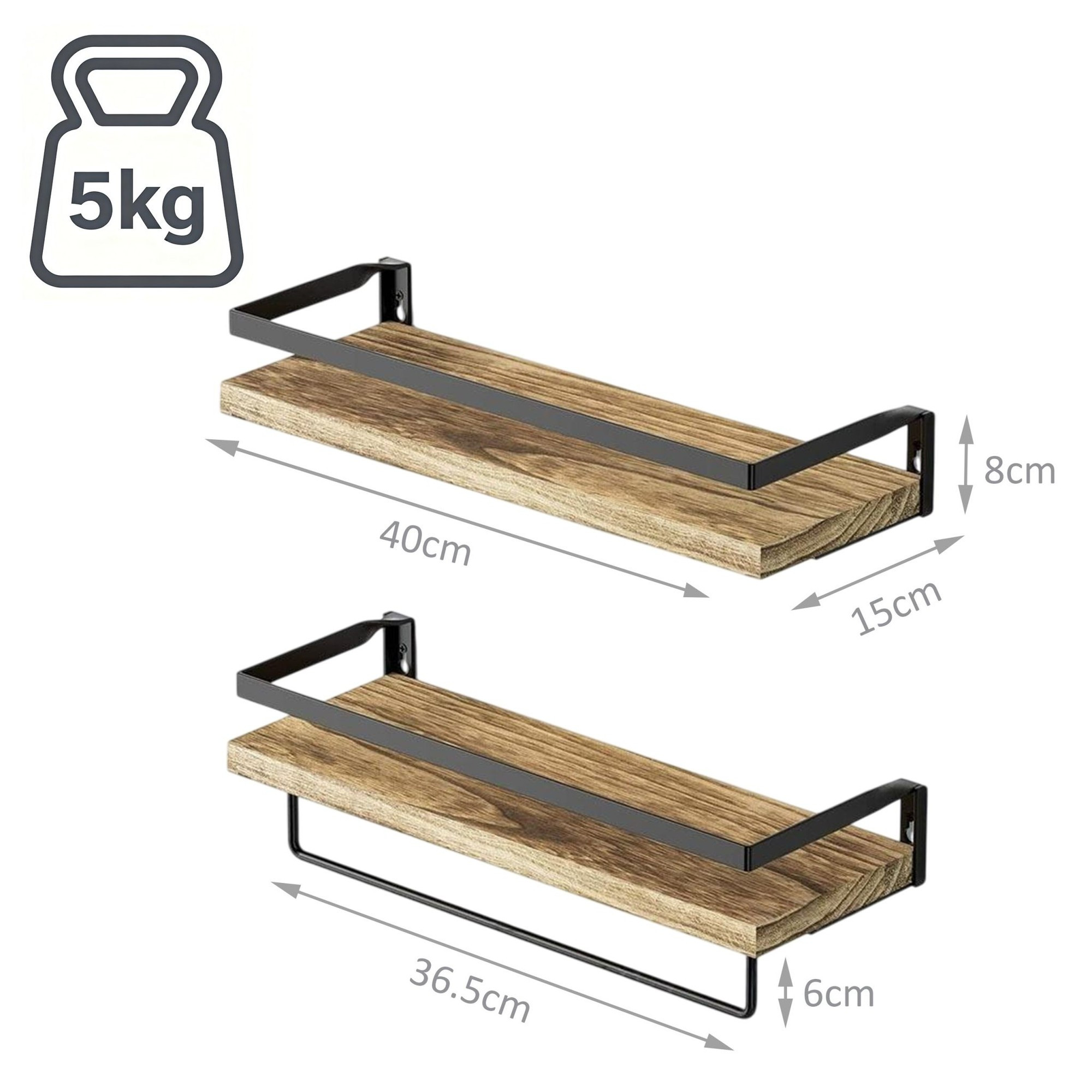 Mensole da parete, set da 2 pezzi, legno e ferro