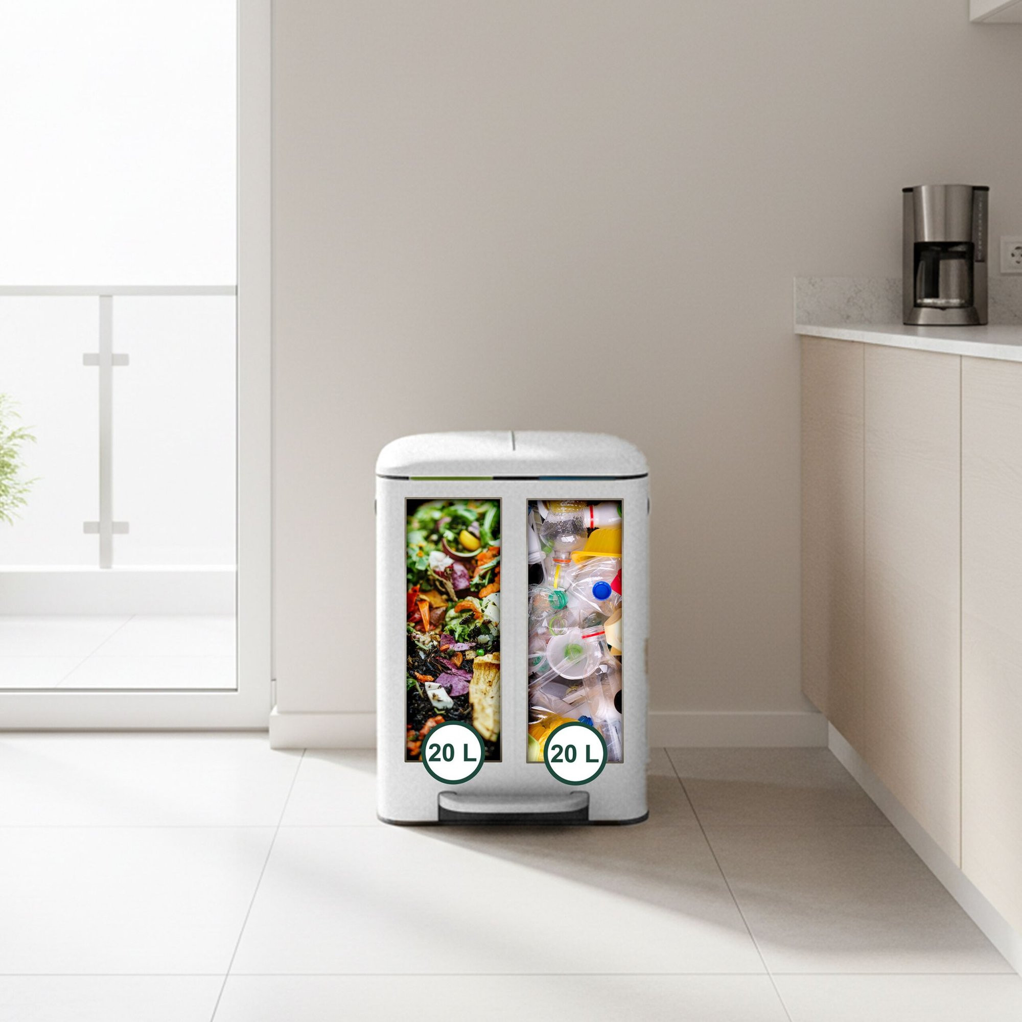 Lixeira de cozinha com 2 compartimentos e pedal.