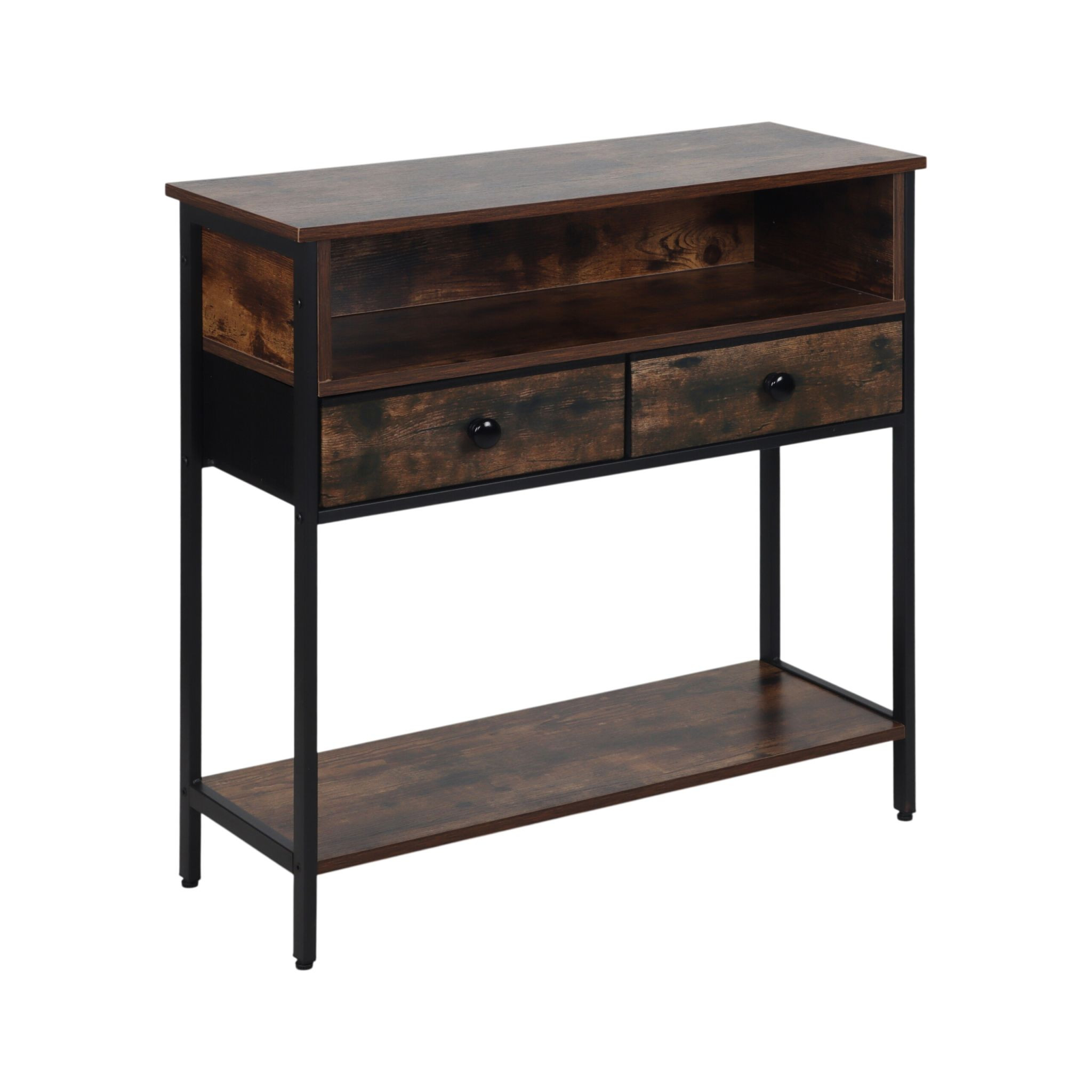 Mesa de console industrial com gavetas e prateleiras.