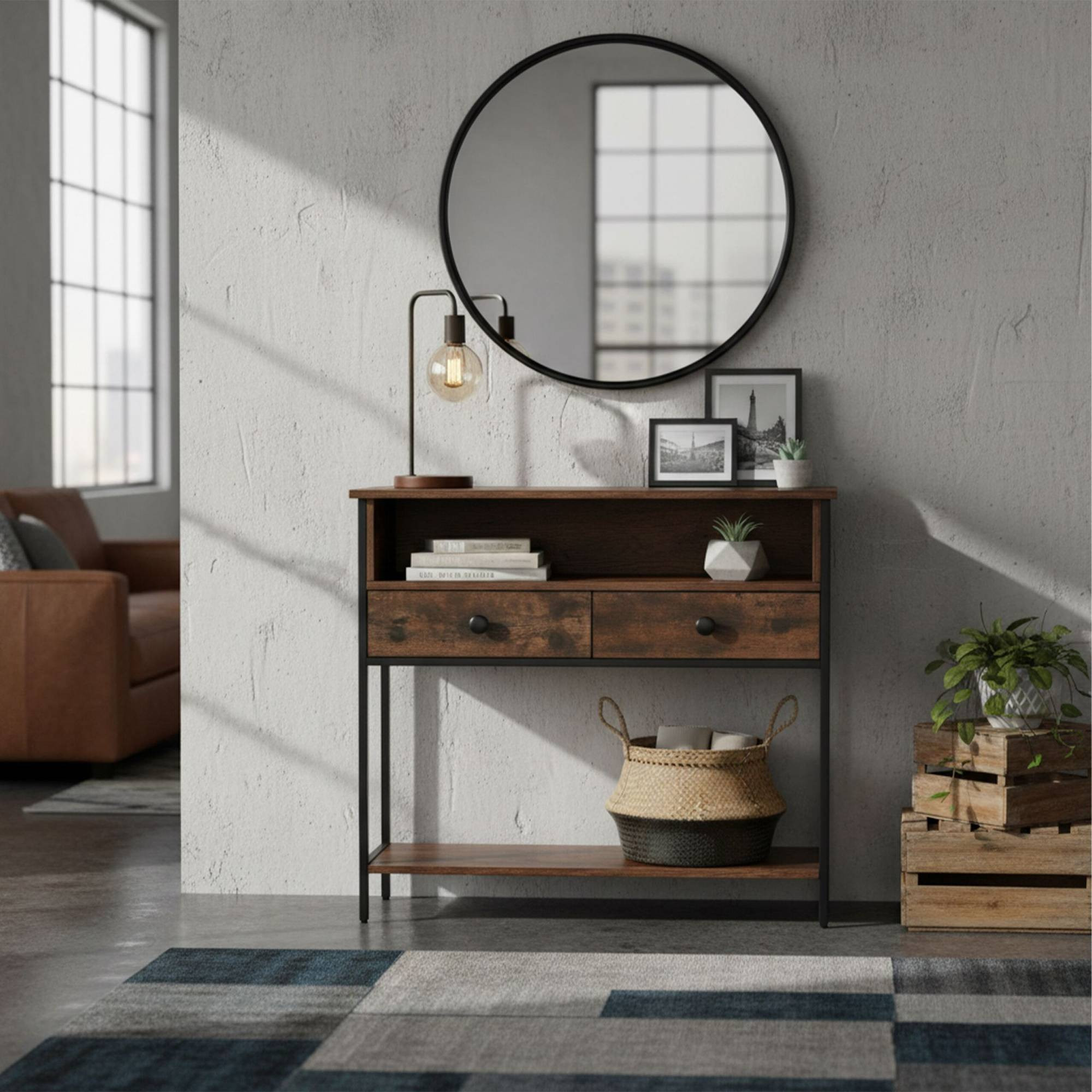 Mesa de console industrial com gavetas e prateleiras.