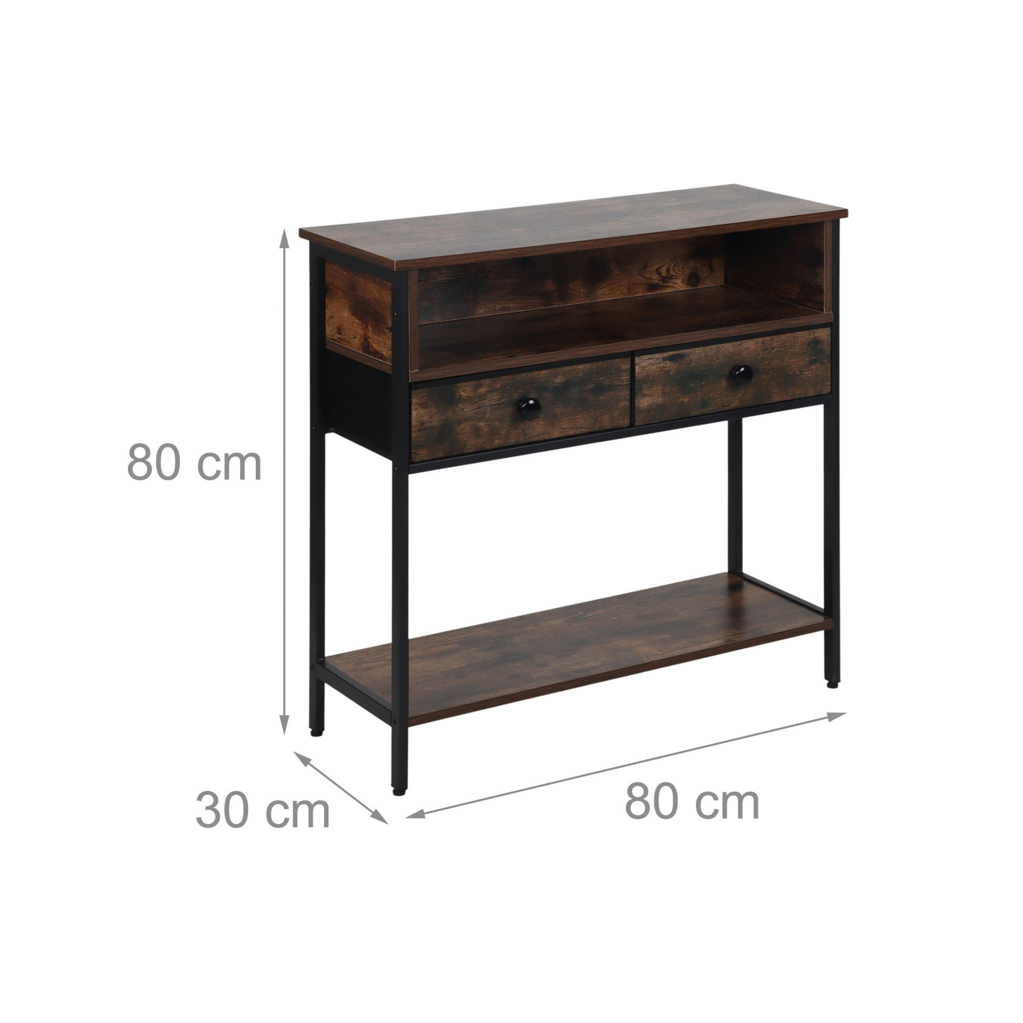Mesa de console industrial com gavetas e prateleiras.