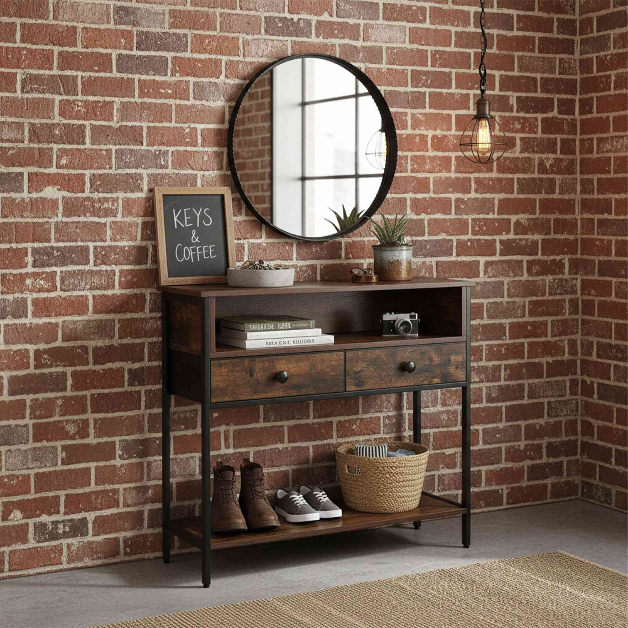 Mesa de console industrial com gavetas e prateleiras.