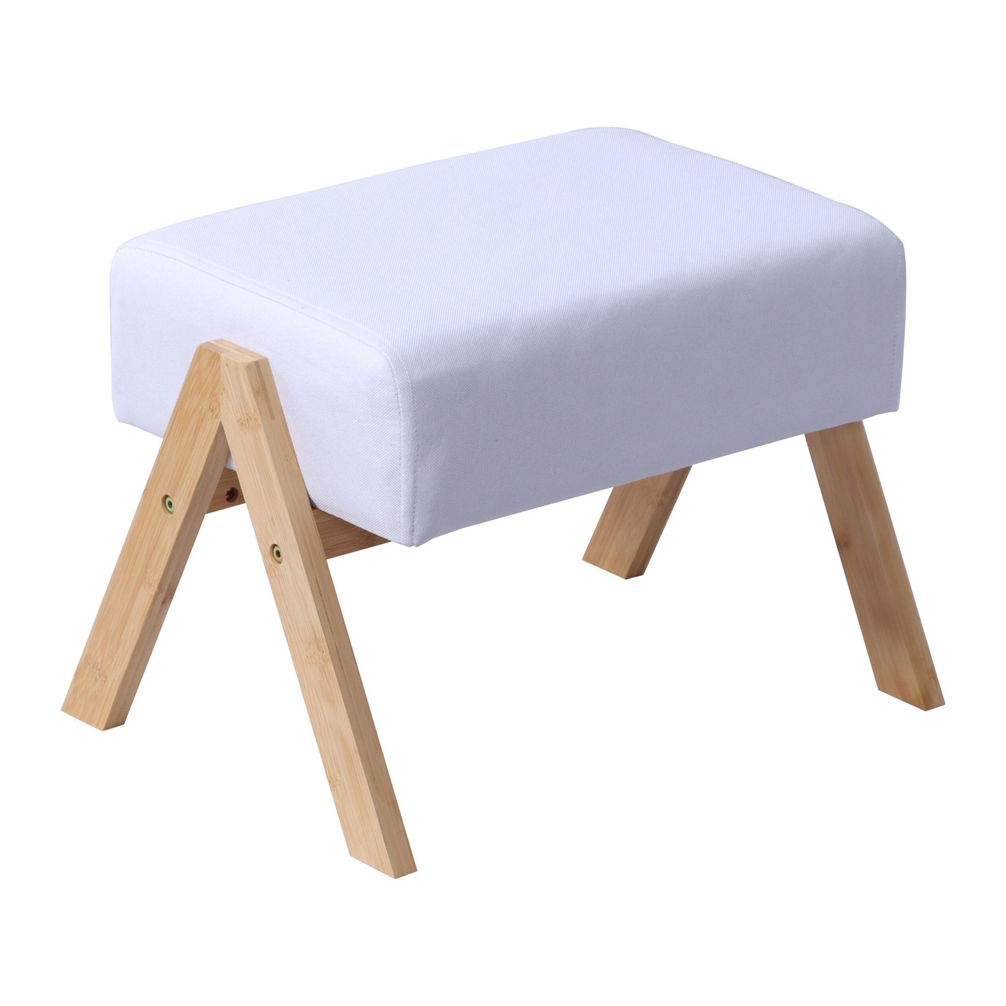 Puf otomano com tampo de tecido e pés de bambu.