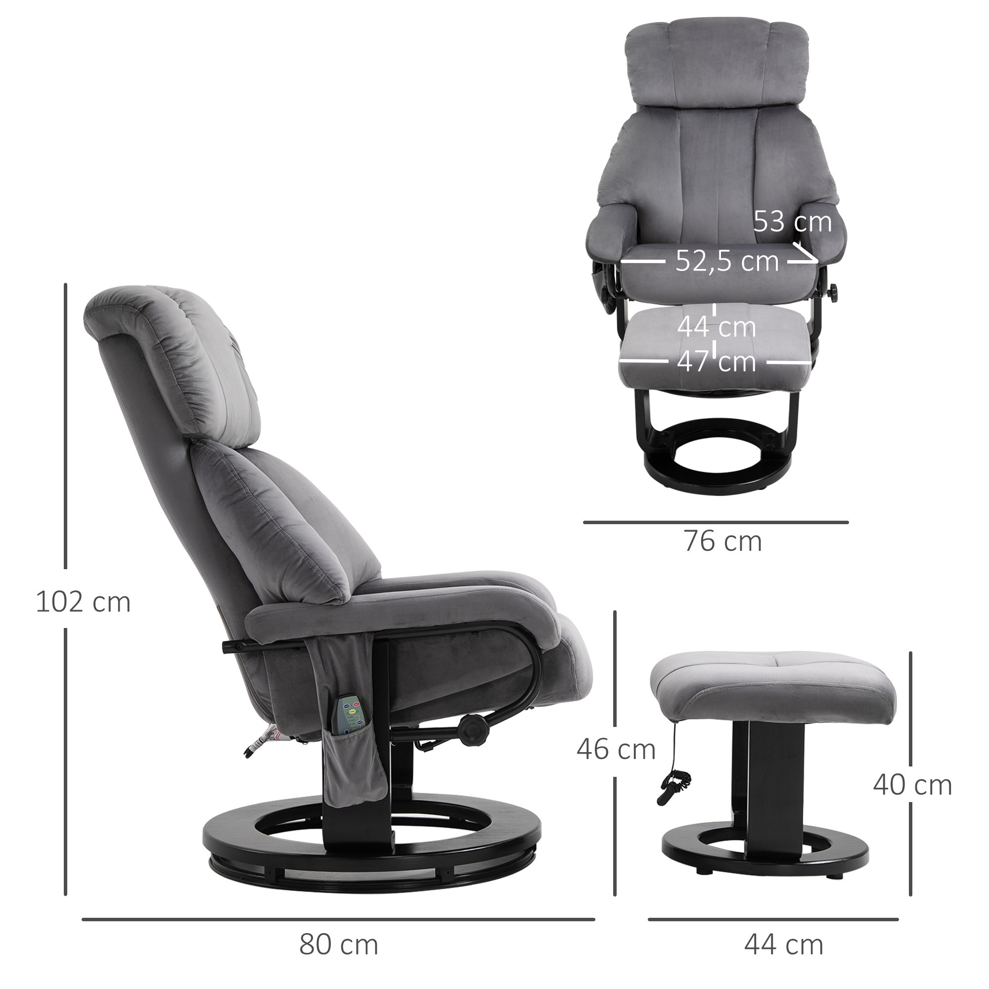 Relaxsessel mit Hocker, Drehsessel mit Massagefunktion, grauer Samt