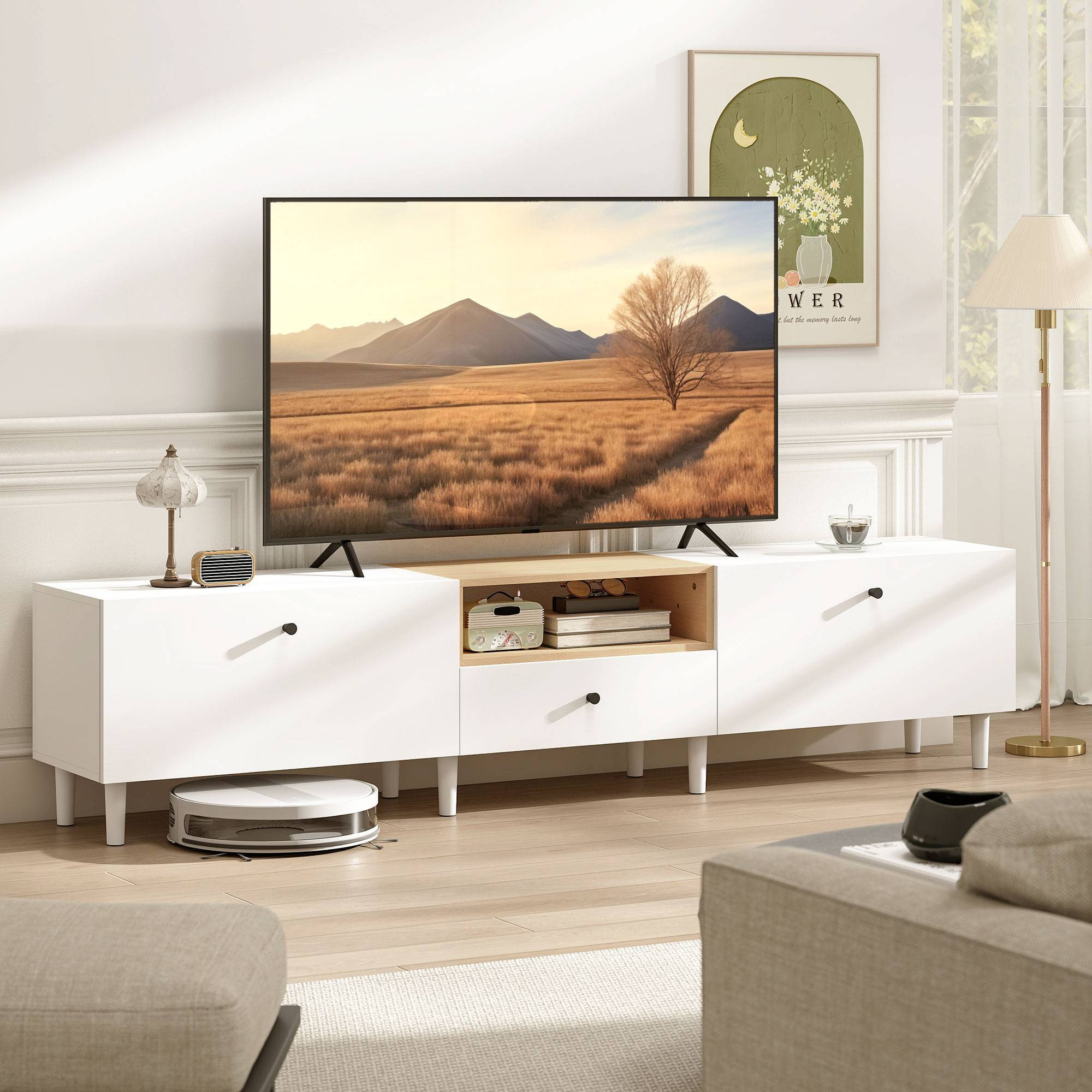 Suporte para TV de 200 cm para TVs de 90 polegadas, 2 portas, gavet...