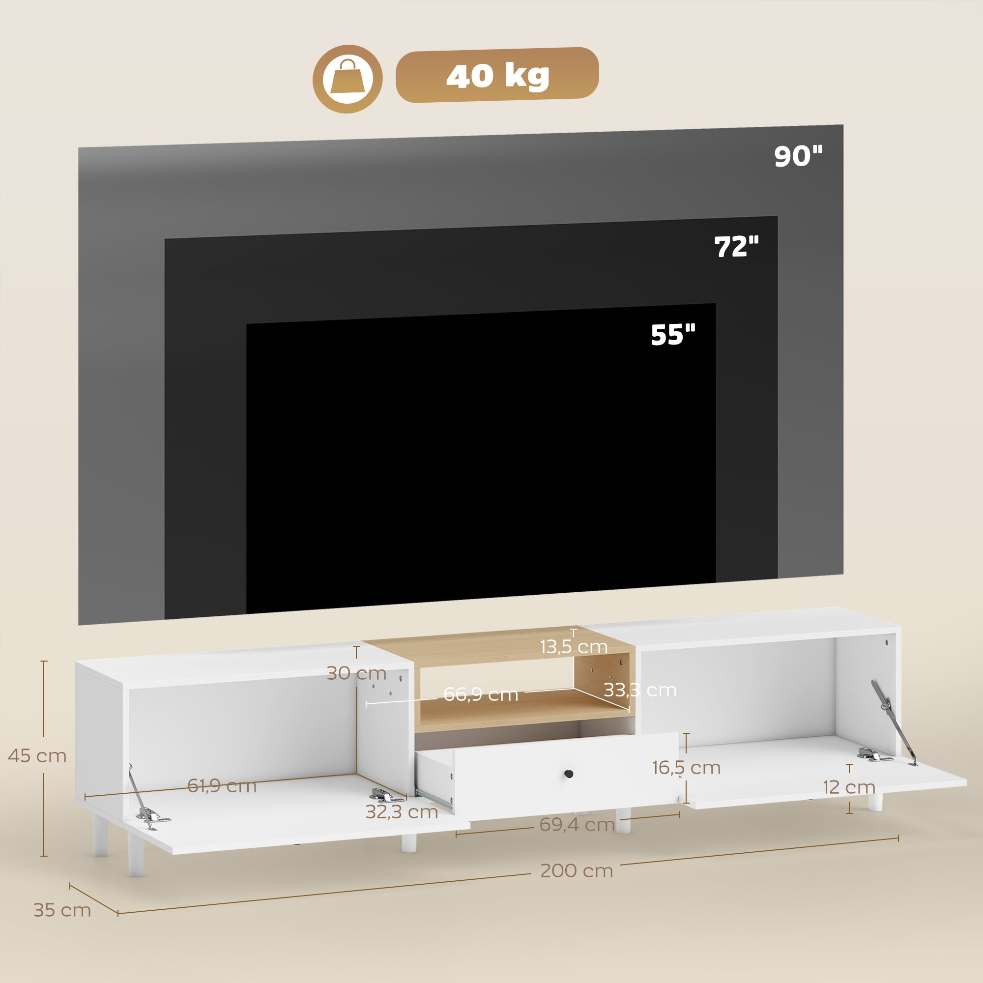 Suporte para TV de 200 cm para TVs de 90 polegadas, 2 portas, gavet...