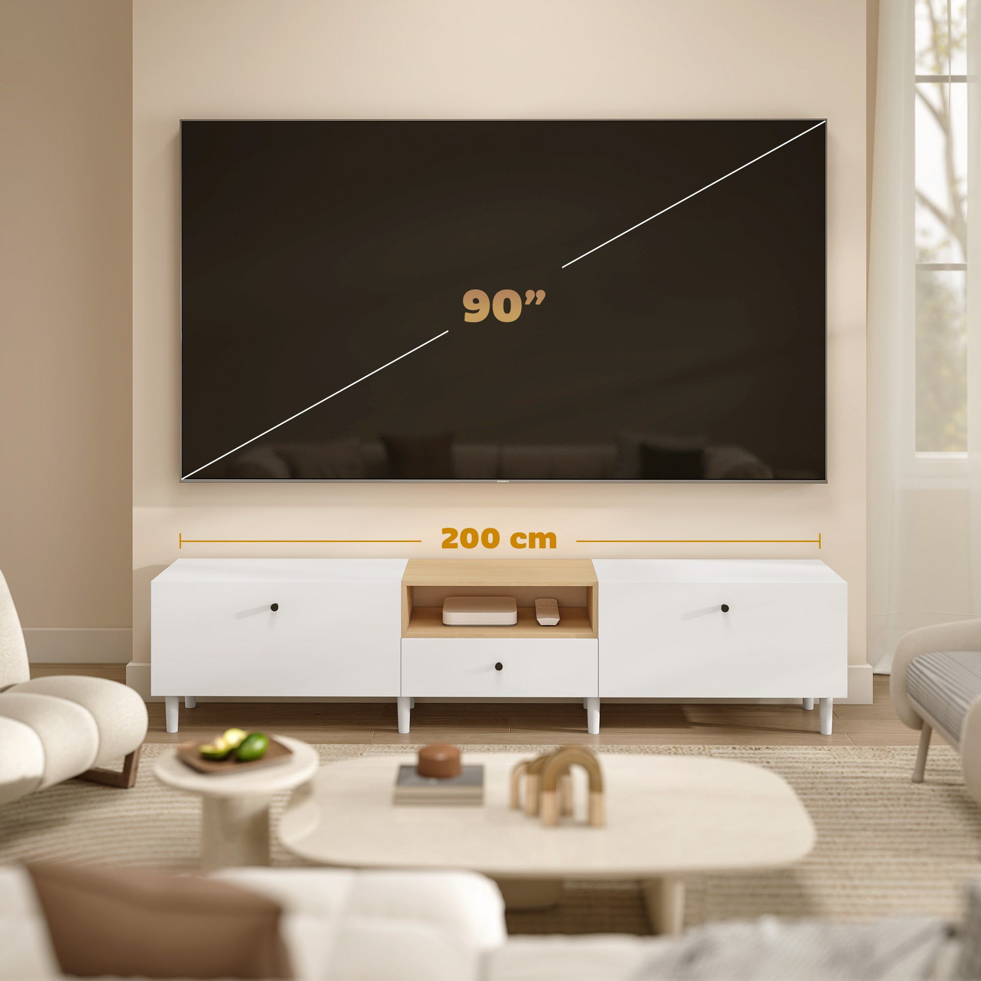 Suporte para TV de 200 cm para TVs de 90 polegadas, 2 portas, gavet...