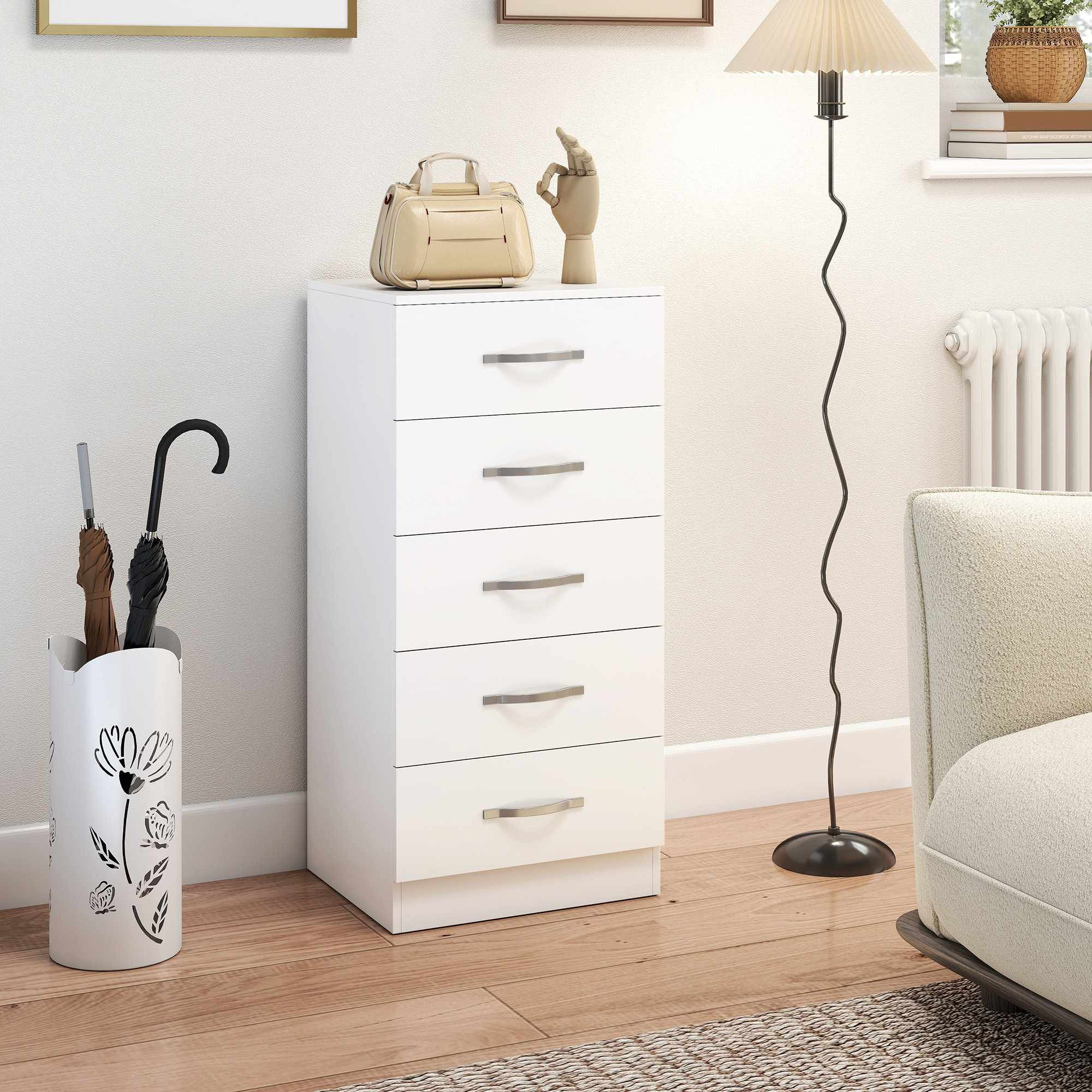 Weiße Kommode mit 5 Schubladen, Spanplatte, platzsparendes Design