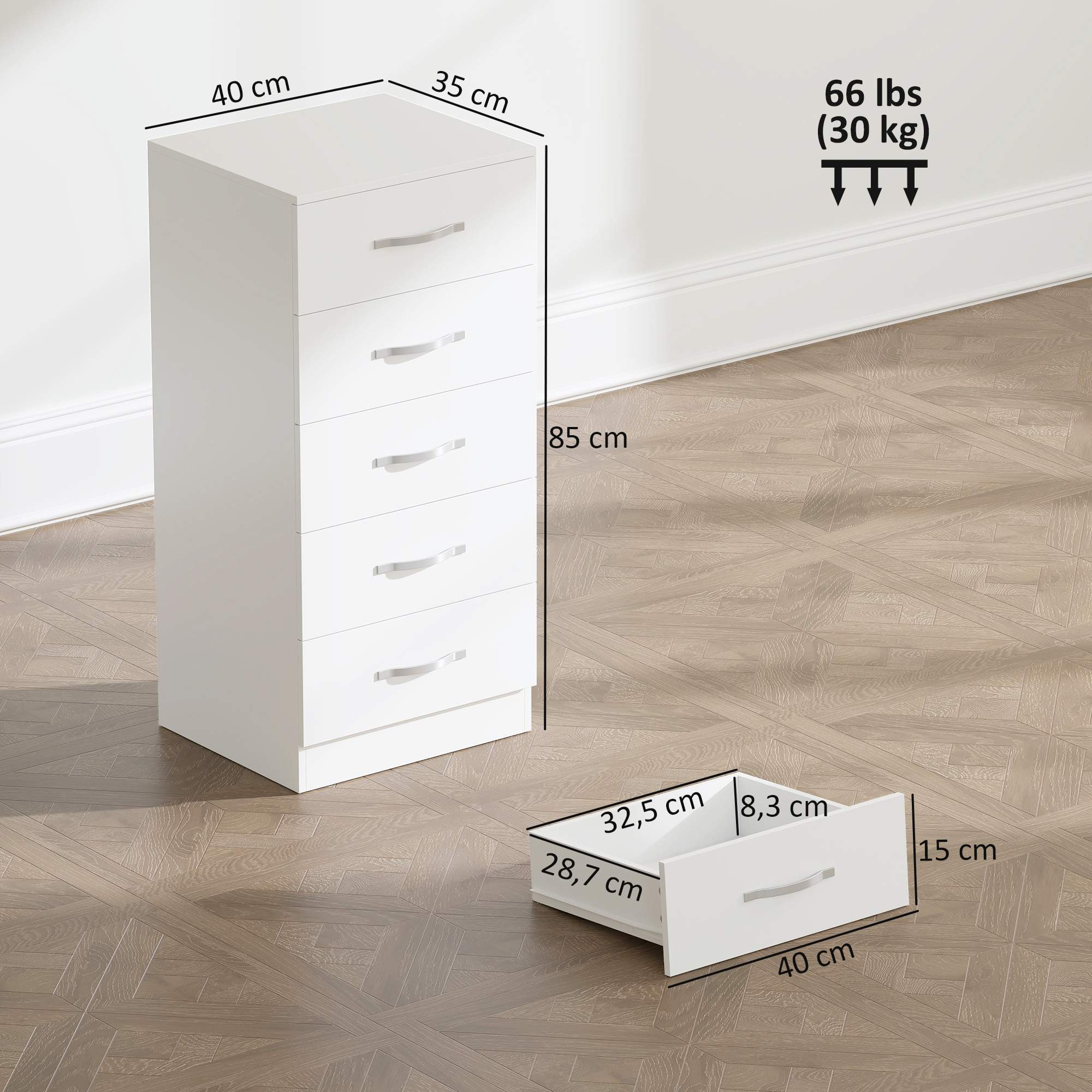 Weiße Kommode mit 5 Schubladen, Spanplatte, platzsparendes Design