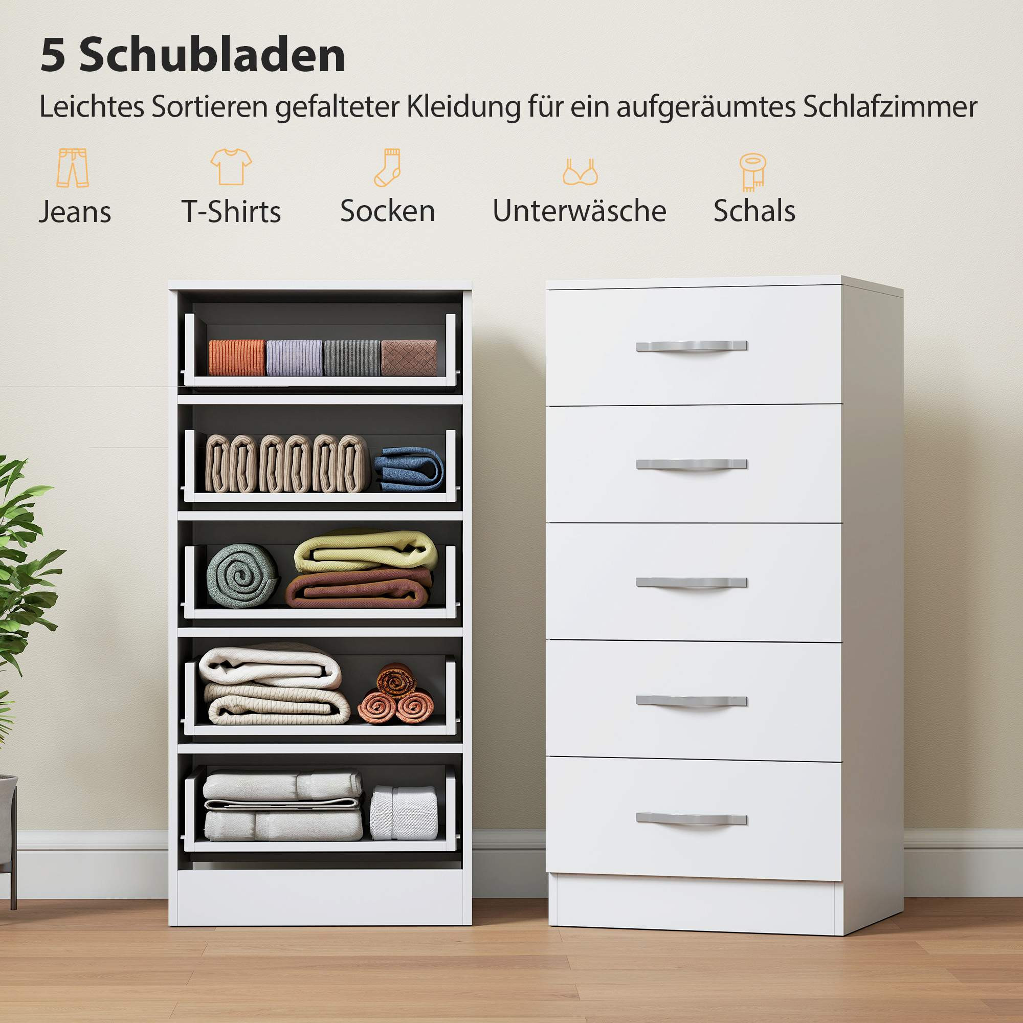 Weiße Kommode mit 5 Schubladen, Spanplatte, platzsparendes Design