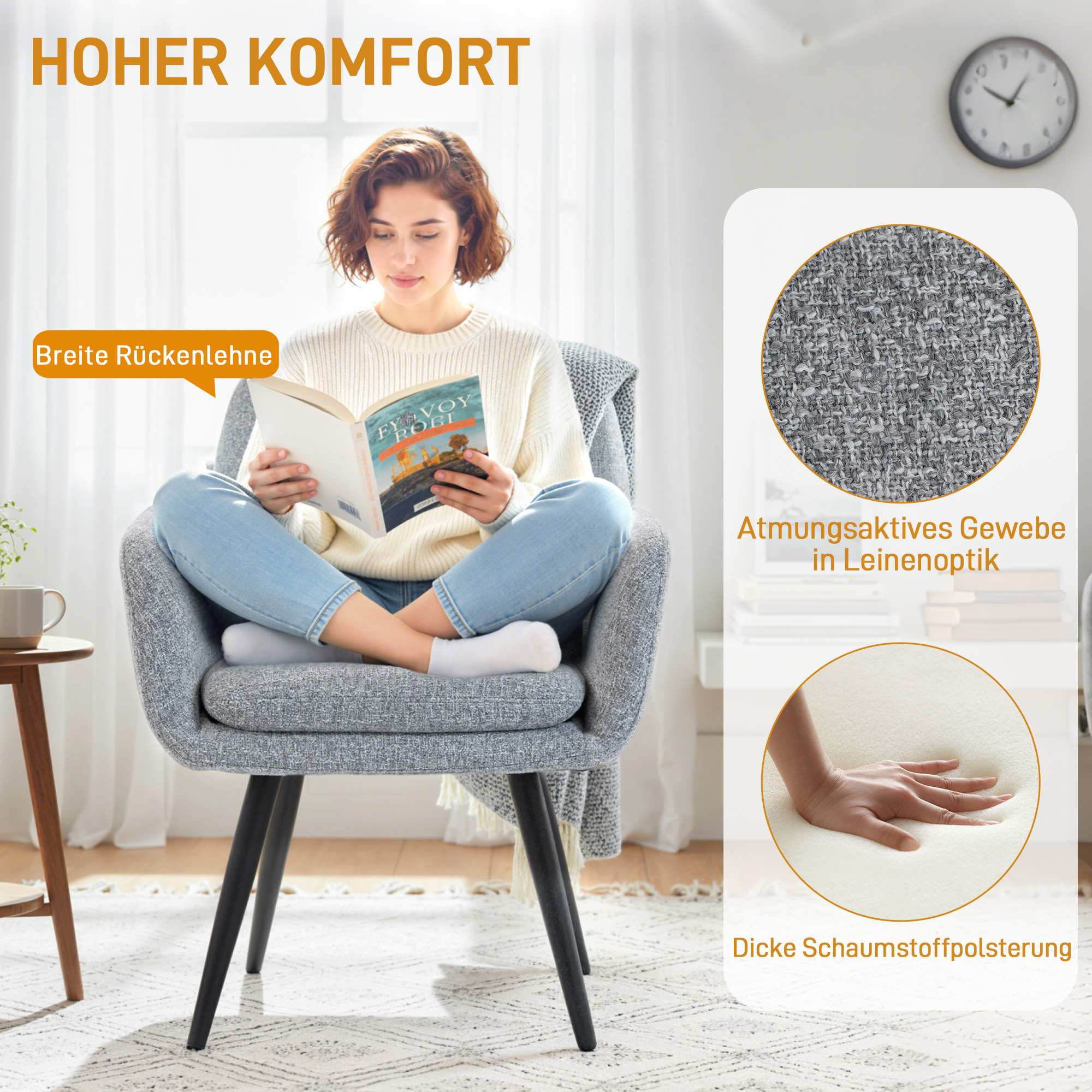 Sessel mit Metallbeinen, Leinenoptik, Hellgrau