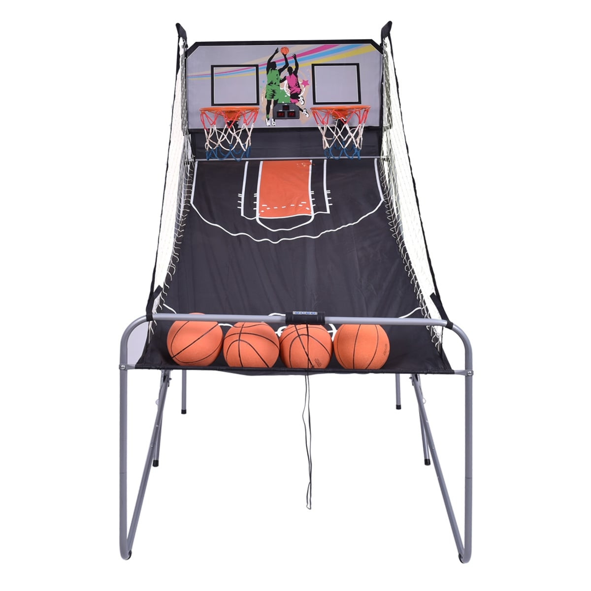 Jogo de basquete arcade com duas cestas e placar eletrônico.