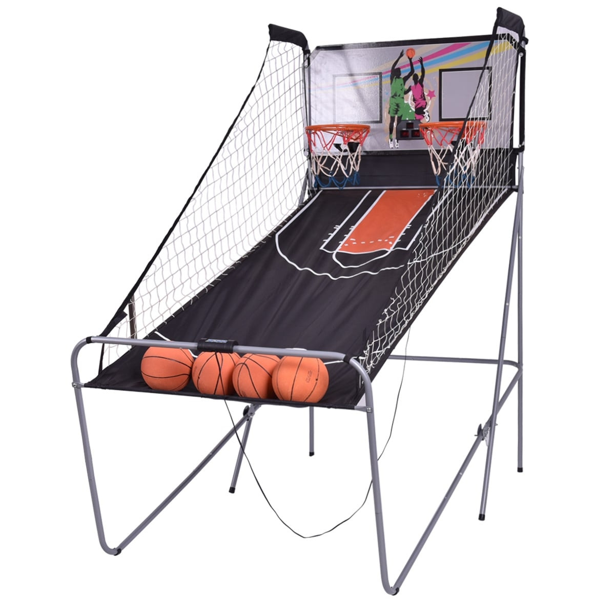 Jogo de basquete arcade com duas cestas e placar eletrônico.