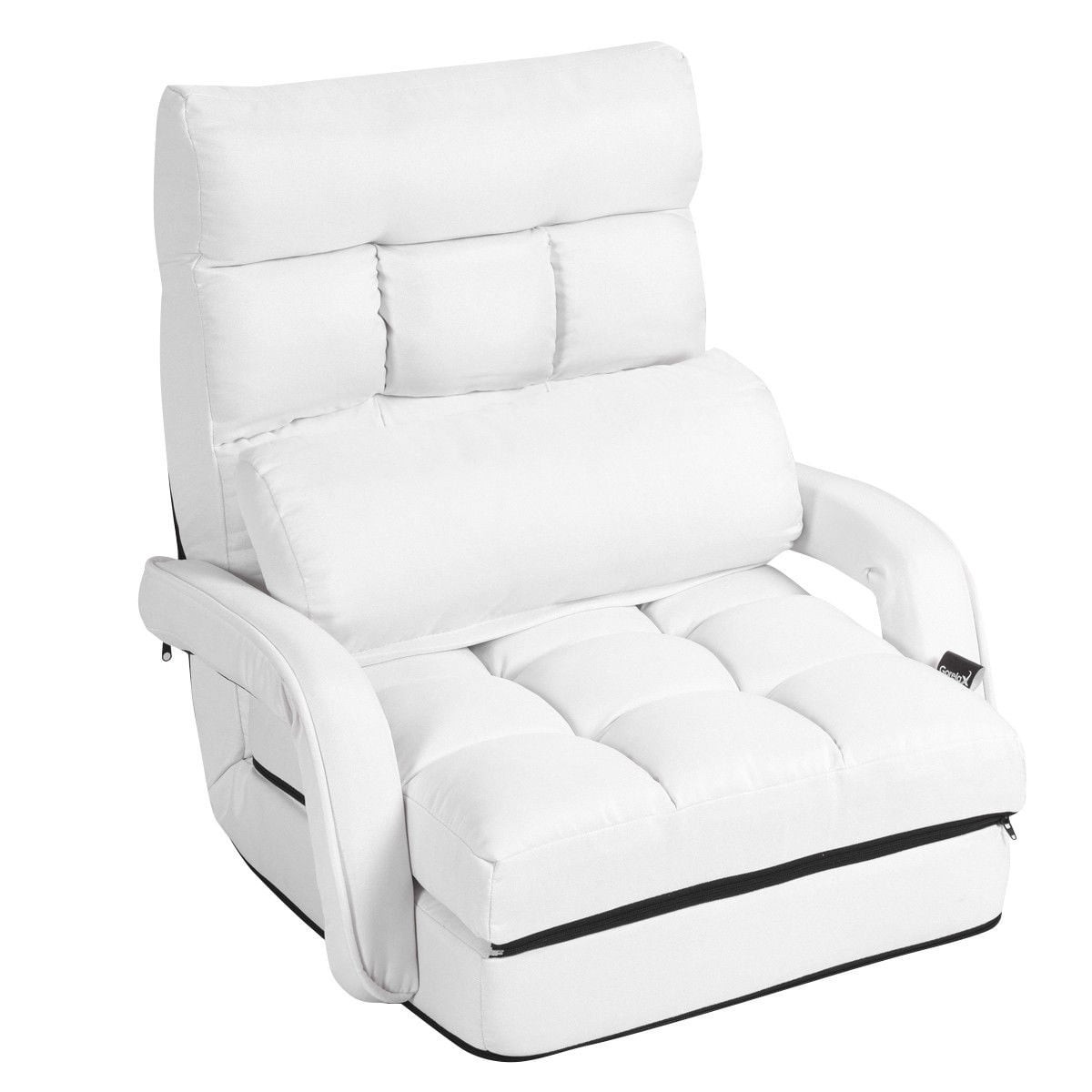 Sofá-cama branco ajustável com apoios de braço e almofada.