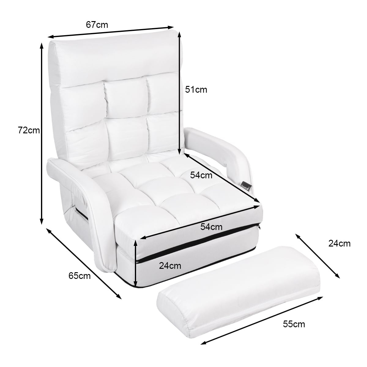 Sofá-cama branco ajustável com apoios de braço e almofada.