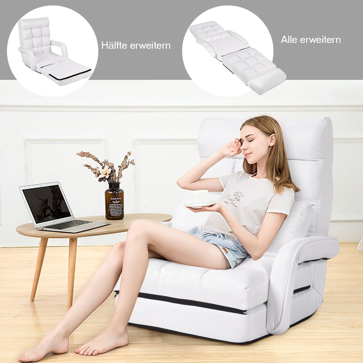 Sofá-cama branco ajustável com apoios de braço e almofada.