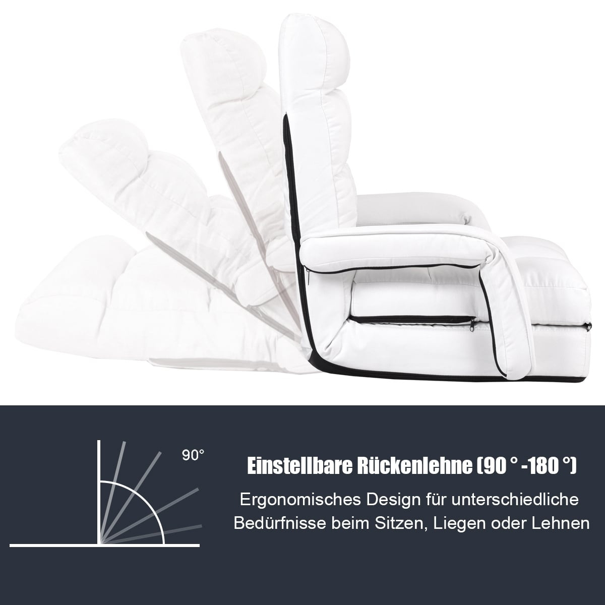 Sofá-cama branco ajustável com apoios de braço e almofada.