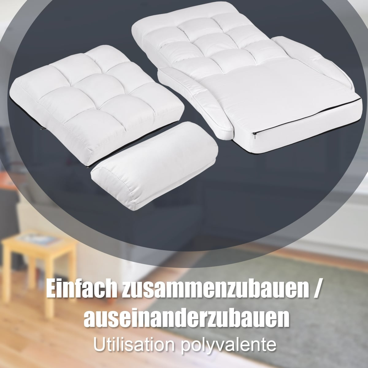 Sofá-cama branco ajustável com apoios de braço e almofada.