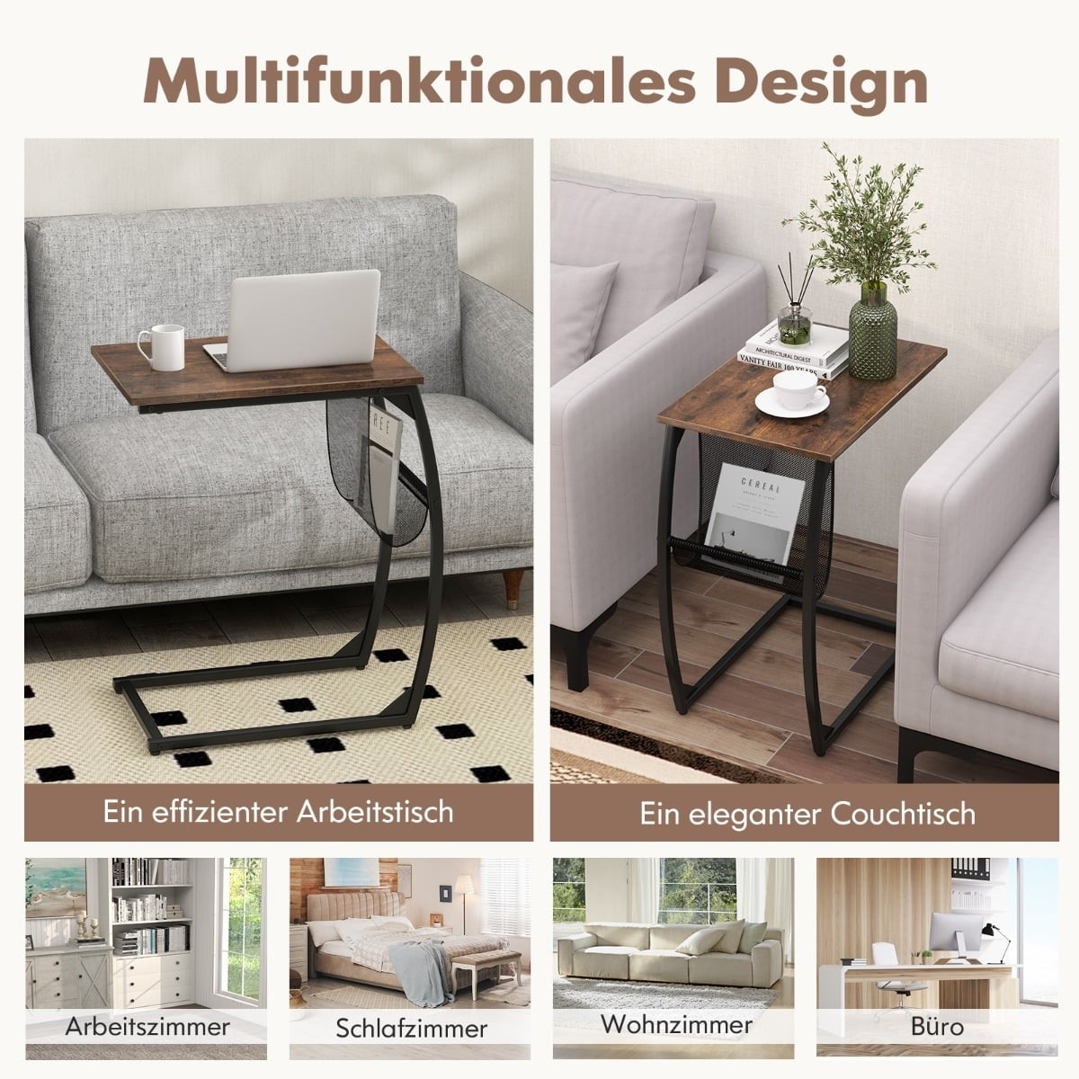 C-Shaped Side Table with Pocket, Space-Saving Design