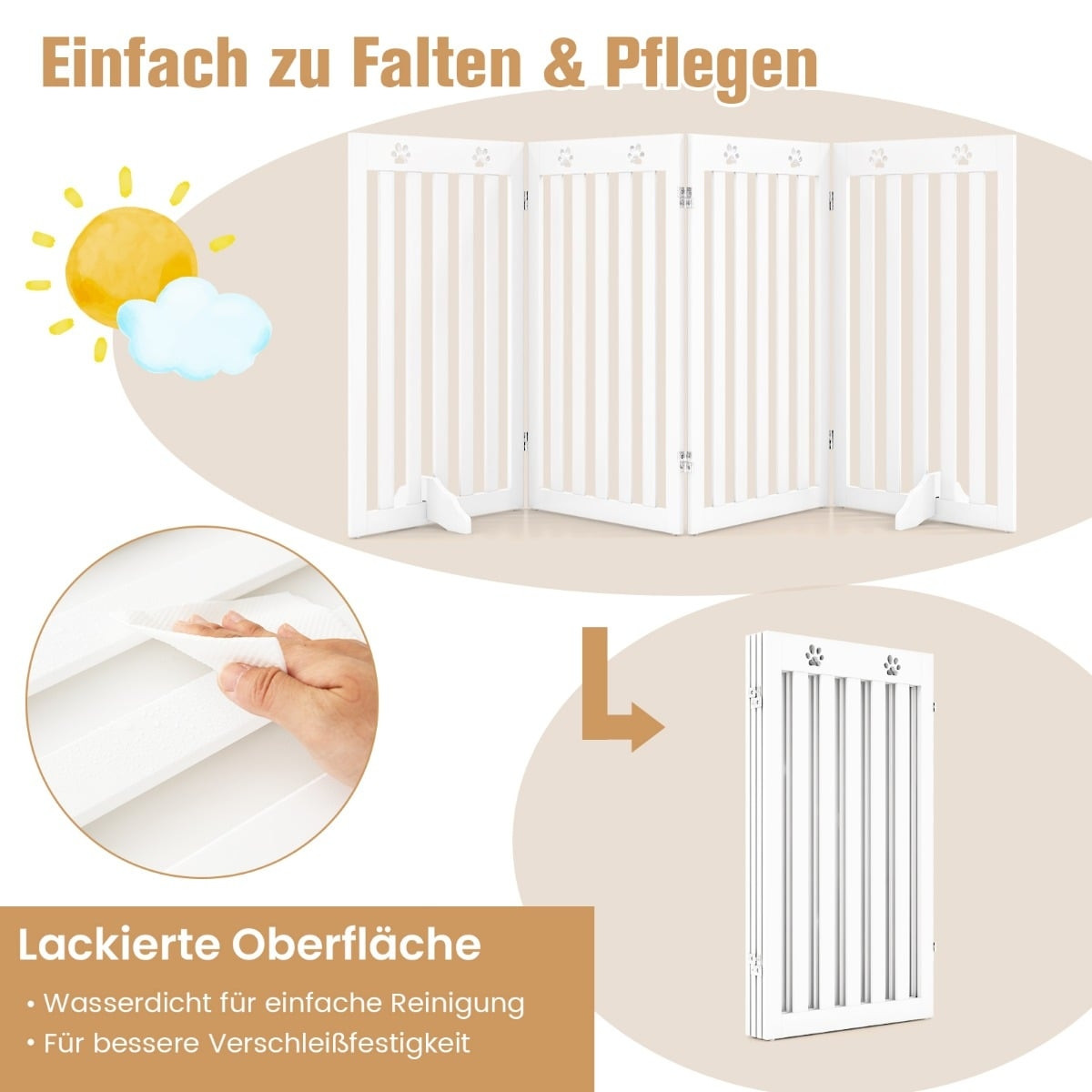Freestanding Pet Gate, 4-Panel Foldable MDF, White