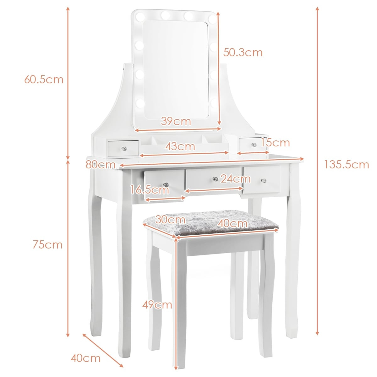 Mobiletto con specchio LED e sgabello, bianco, 80x40x135,5 cm