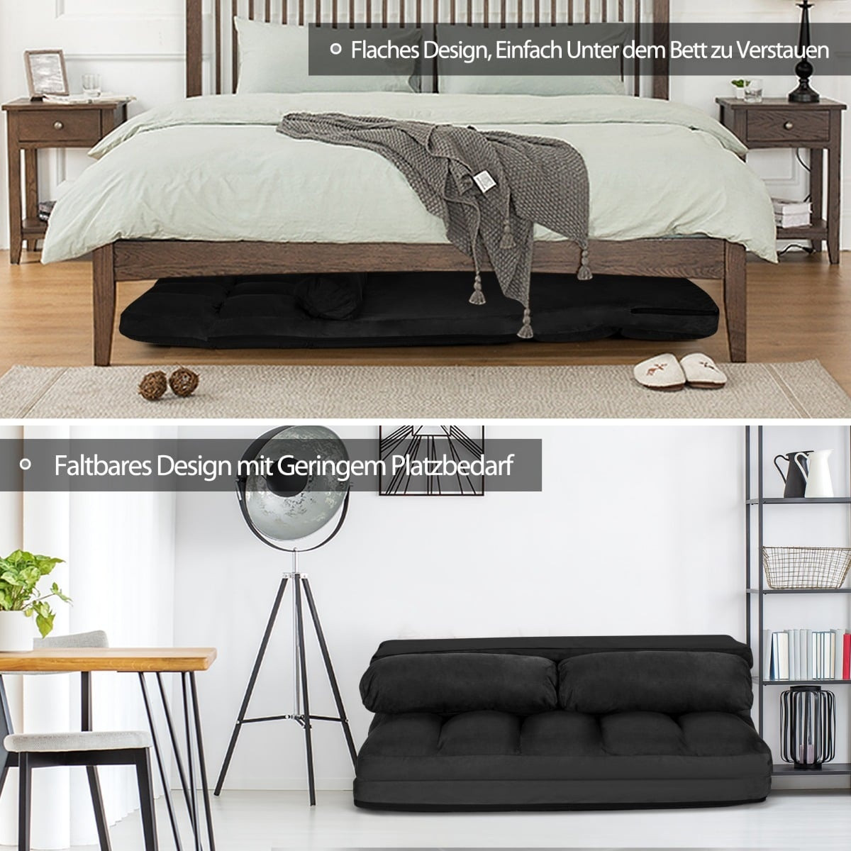 Convertible Floor Sofa Bed, Adjustable Backrest, Black