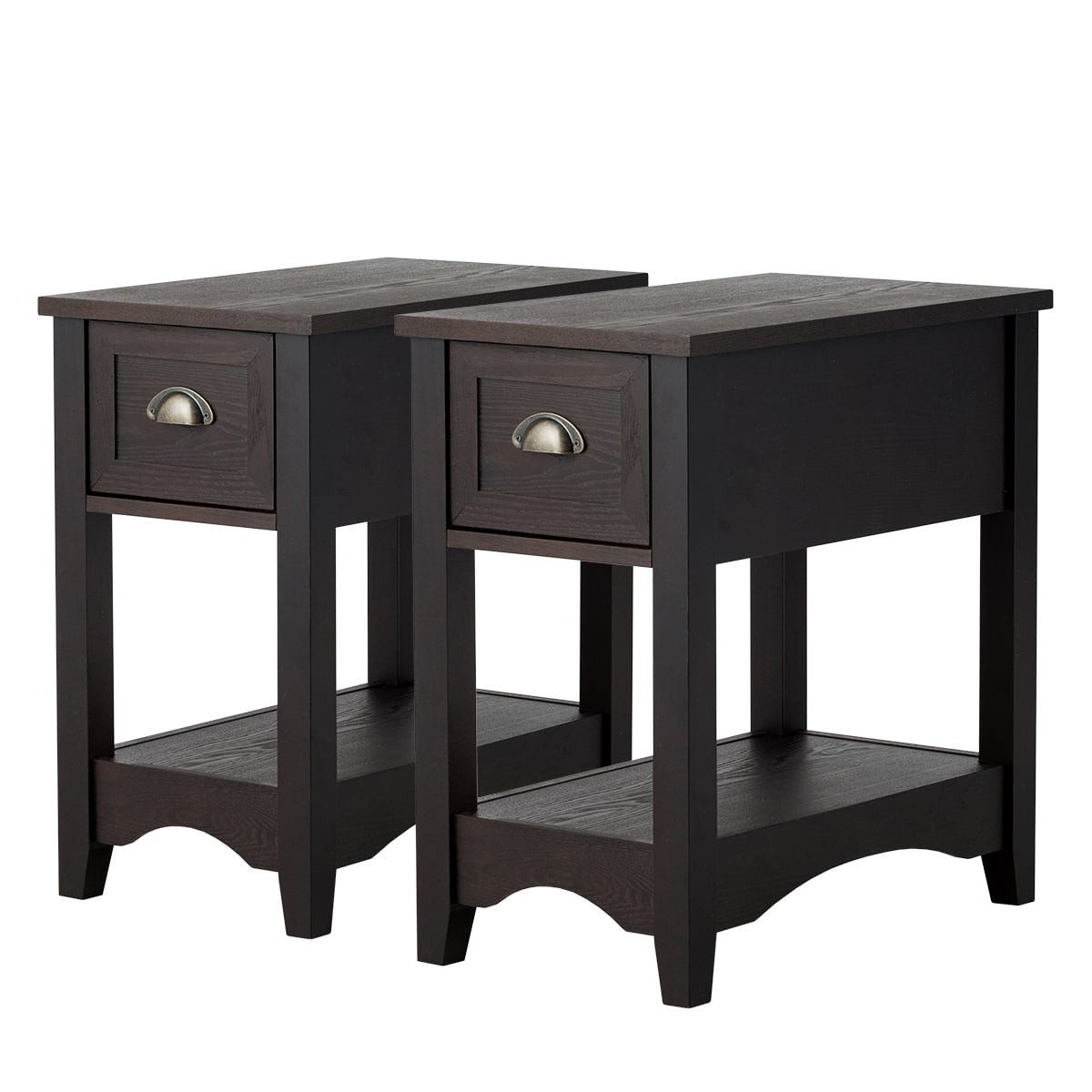 2-Tier Walnut Side Table Set with Drawer & Shelf