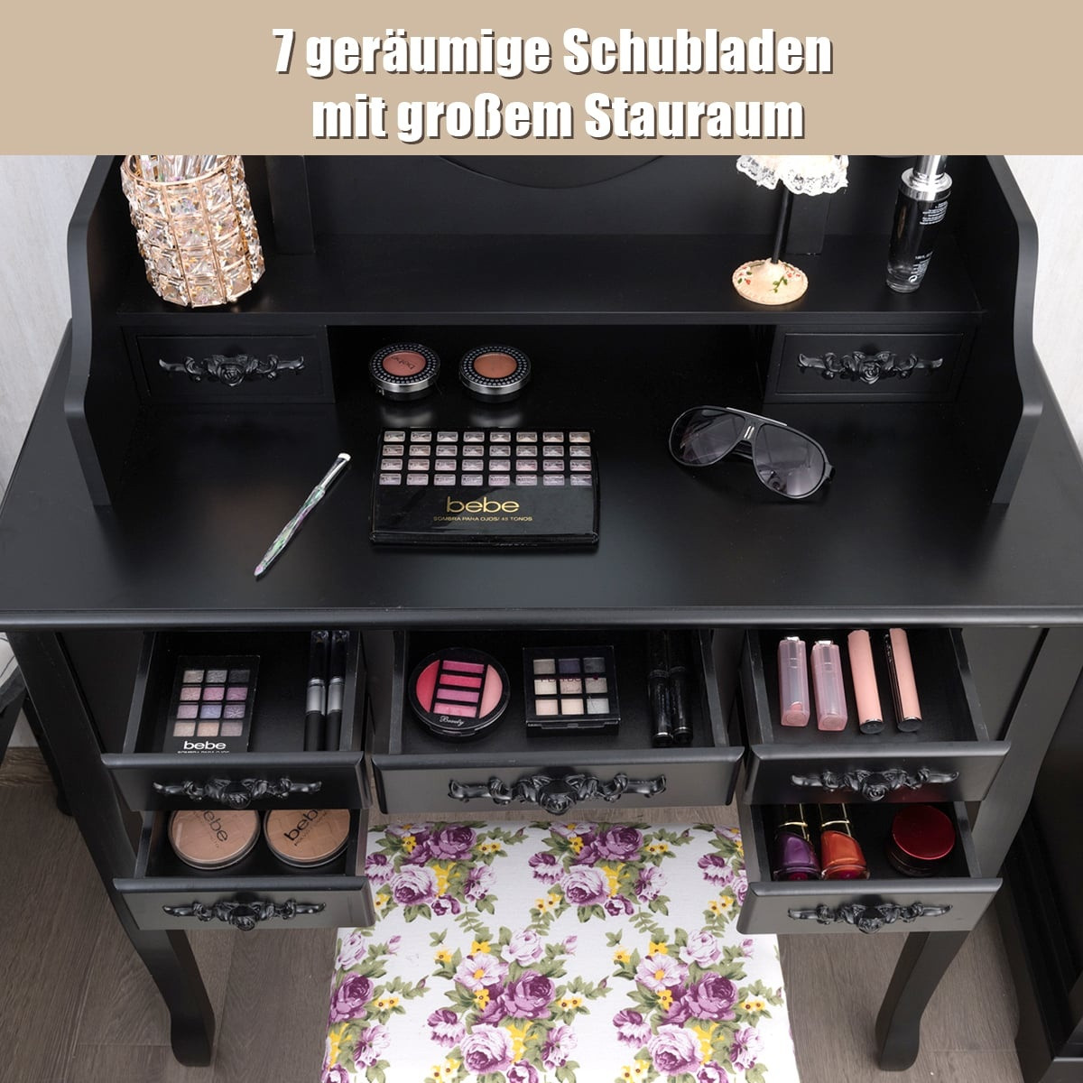 Black Vanity Table Set with Folding Mirror, Stool & Storage