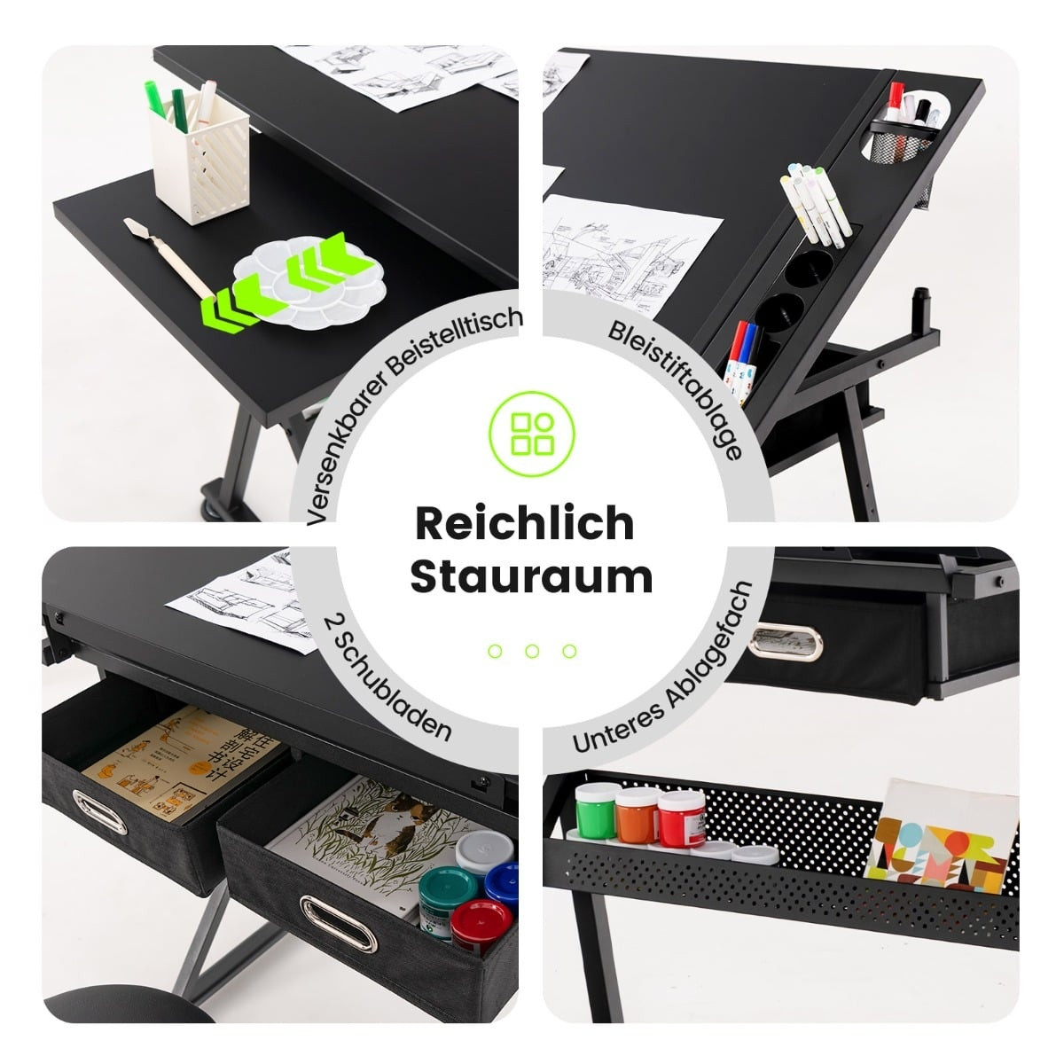 Adjustable Drawing Table with Stool, Tilt Top, 2 Drawers