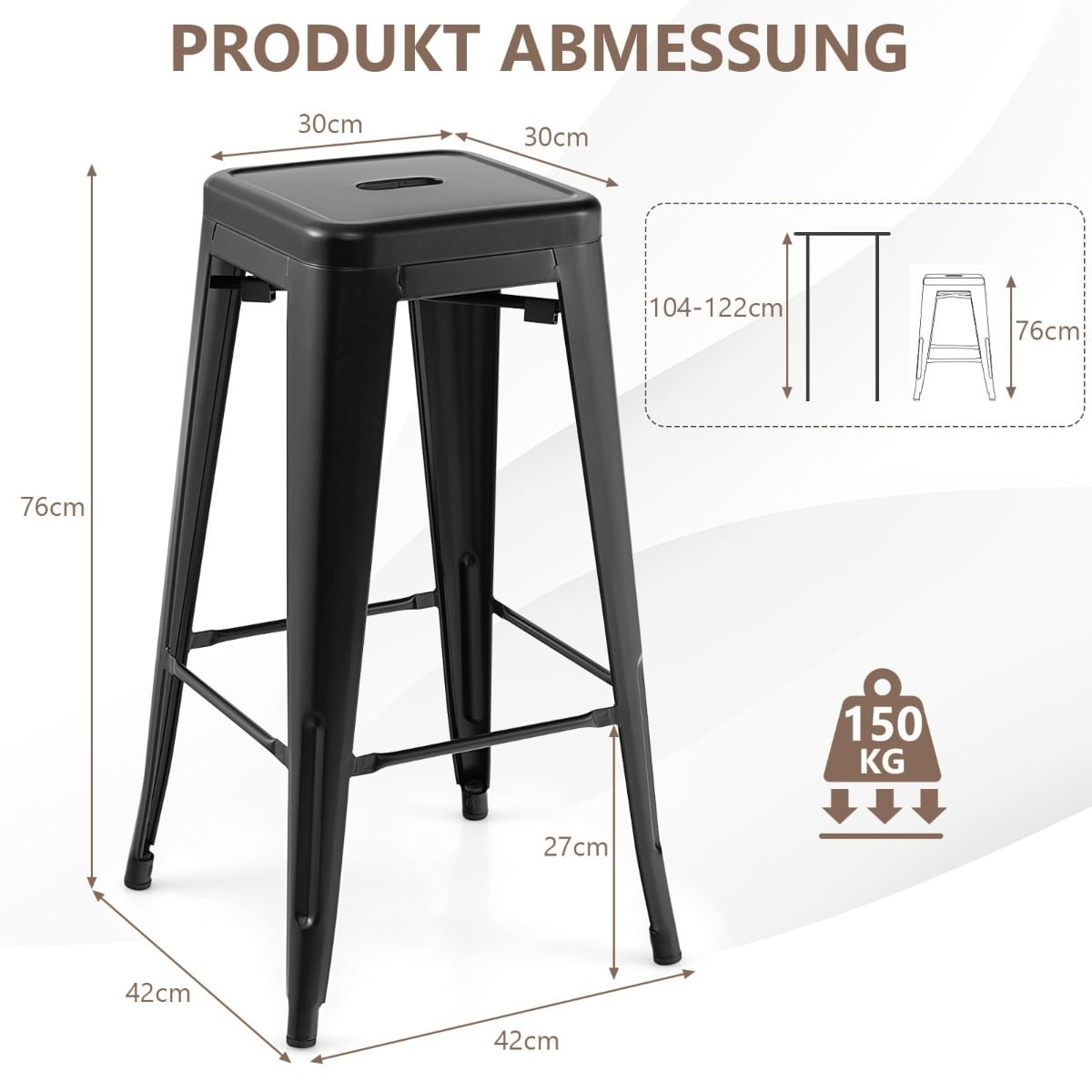 Stackable Metal Bar Stools Set, 76cm, Black, 150kg Capacity