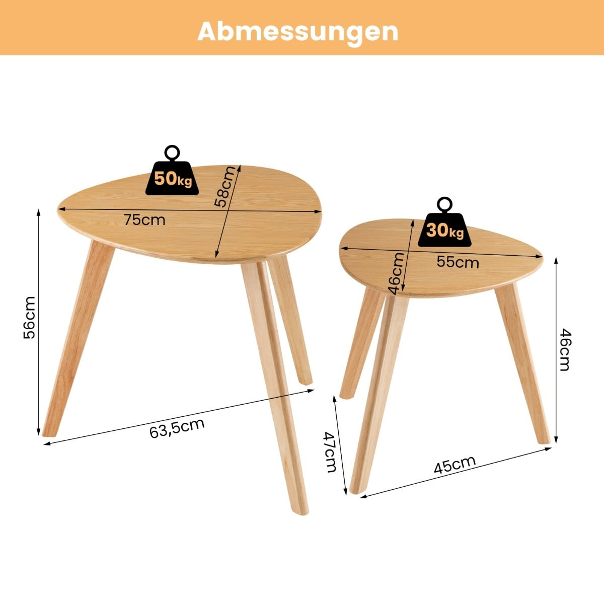 Conjunto de 2 mesas de centro encaixáveis, design triangular em mad...