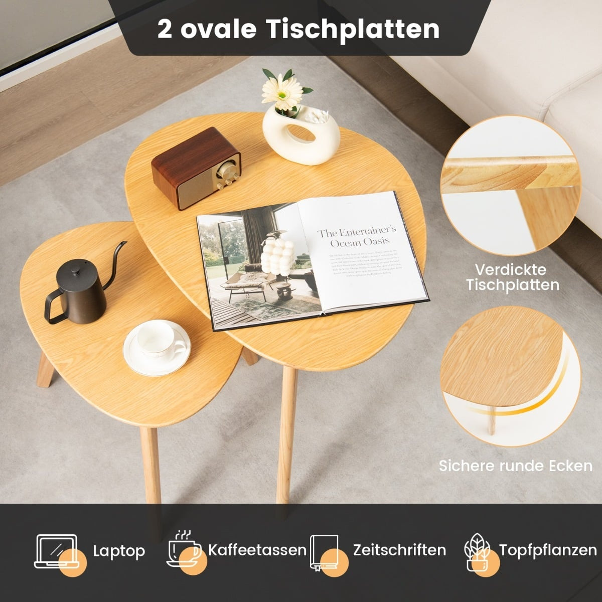 Conjunto de 2 mesas de centro encaixáveis, design triangular em mad...