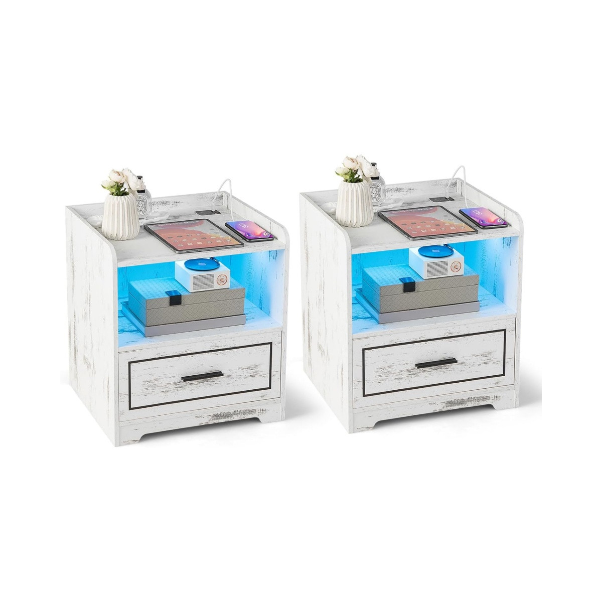Set comodino 2 pezzi con luce LED e caricabatterie USB