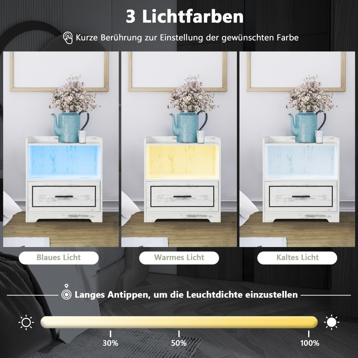 Set comodino 2 pezzi con luce LED e caricabatterie USB