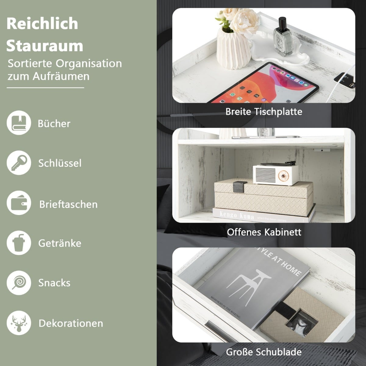 Set comodino 2 pezzi con luce LED e caricabatterie USB