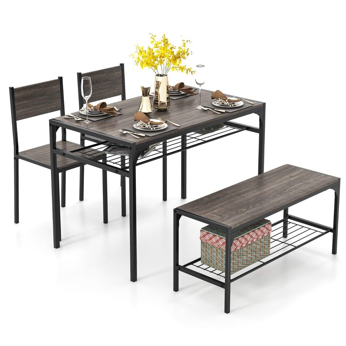 Conjunto de jantar de 4 peças com mesa, 2 cadeiras e banco, cinza