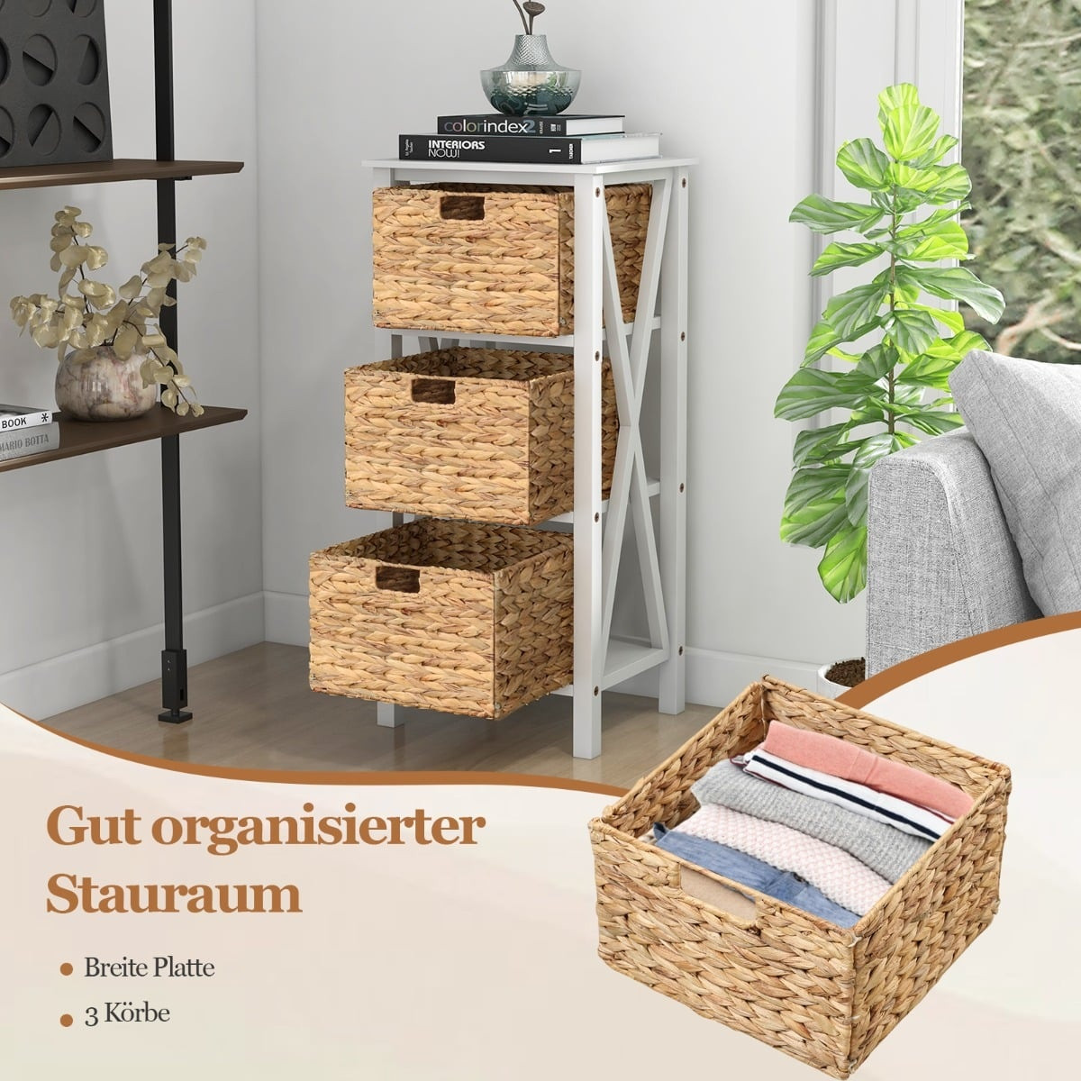 Nachttischset mit 3 Seegraskörben, Weiß, 2-teilig