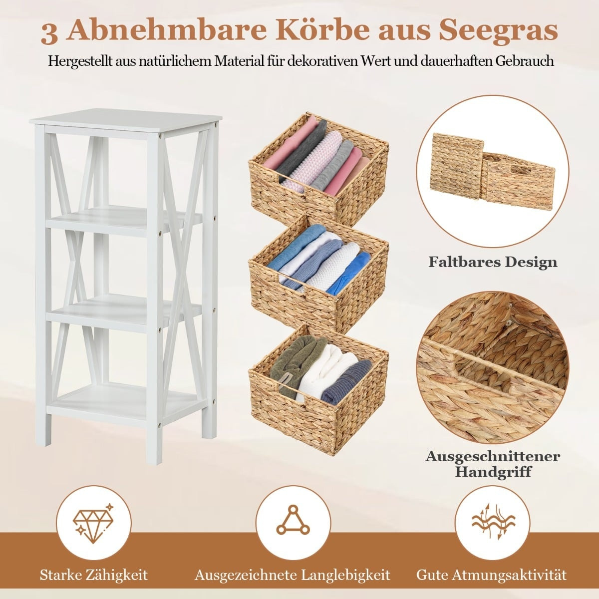 Nachttischset mit 3 Seegraskörben, Weiß, 2-teilig