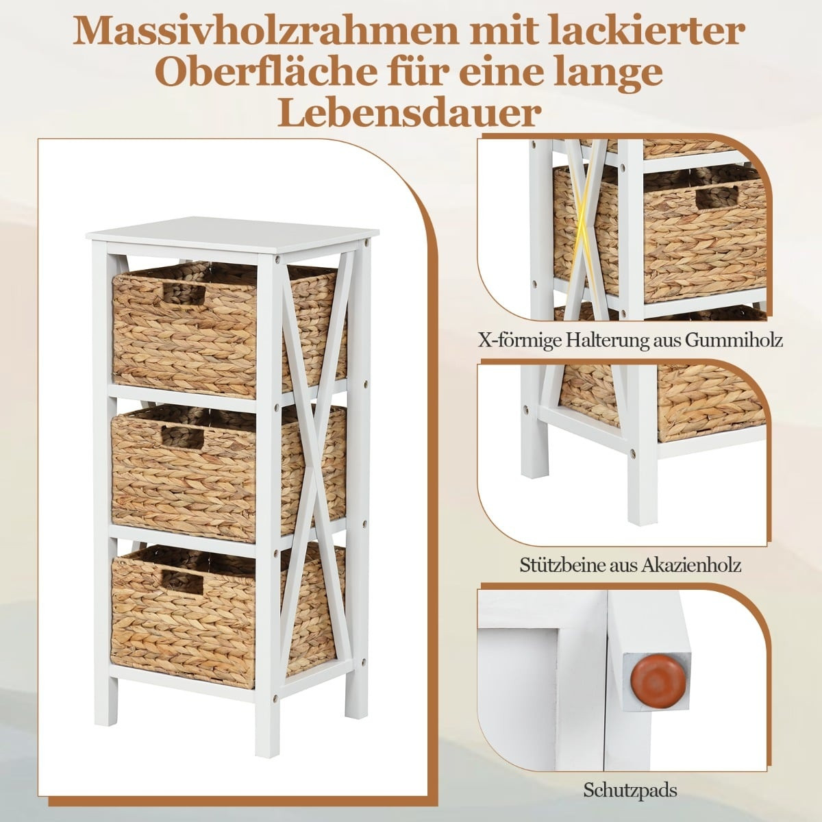 Nachttischset mit 3 Seegraskörben, Weiß, 2-teilig