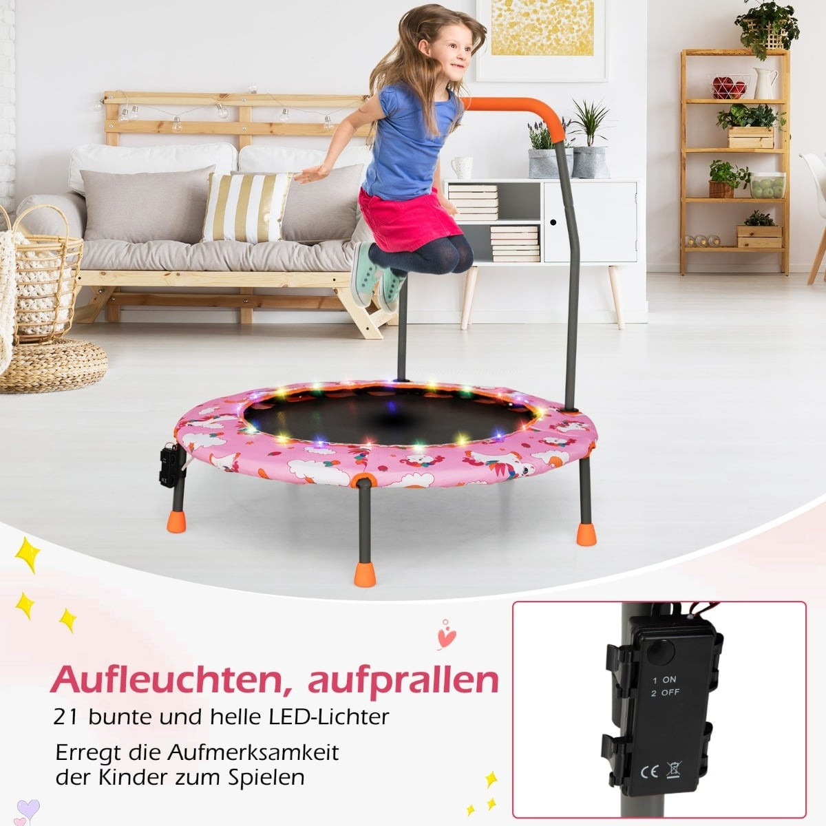 Kids Mini Trampoline with LED Lights, Removable Handle