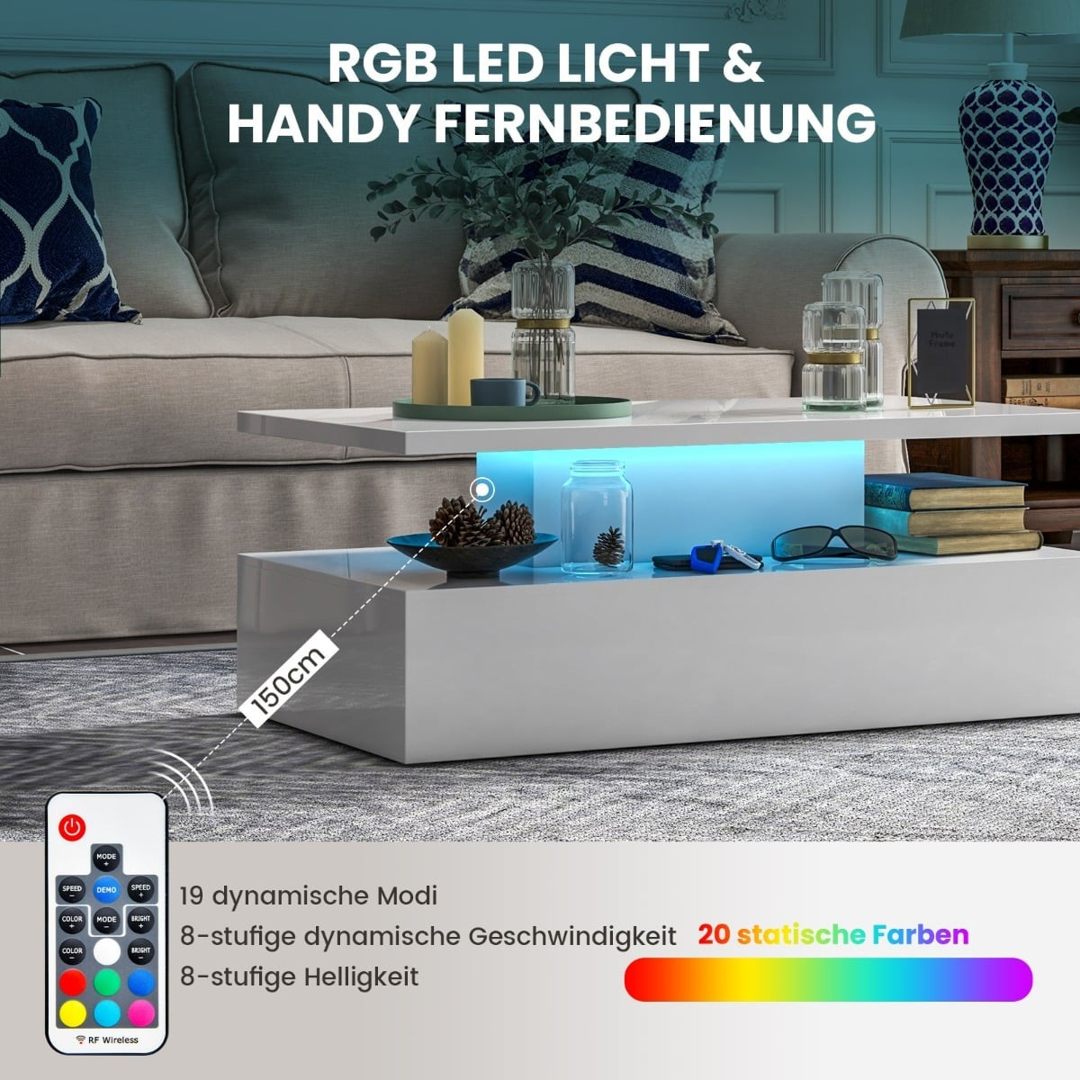 Mesa de centro LED com cores e brilho ajustáveis.