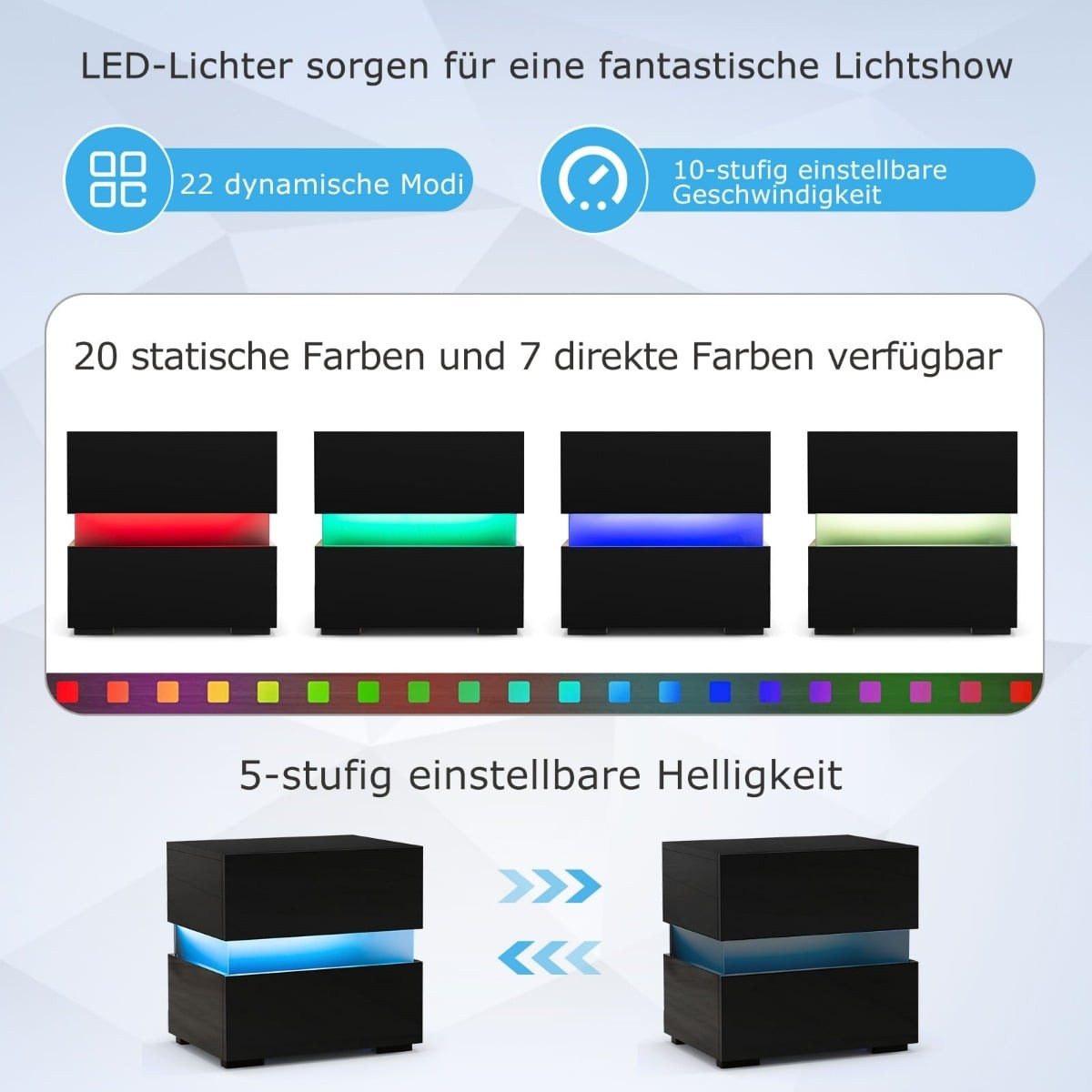 Set comodino a LED, 2 cassetti, nero, telecomando