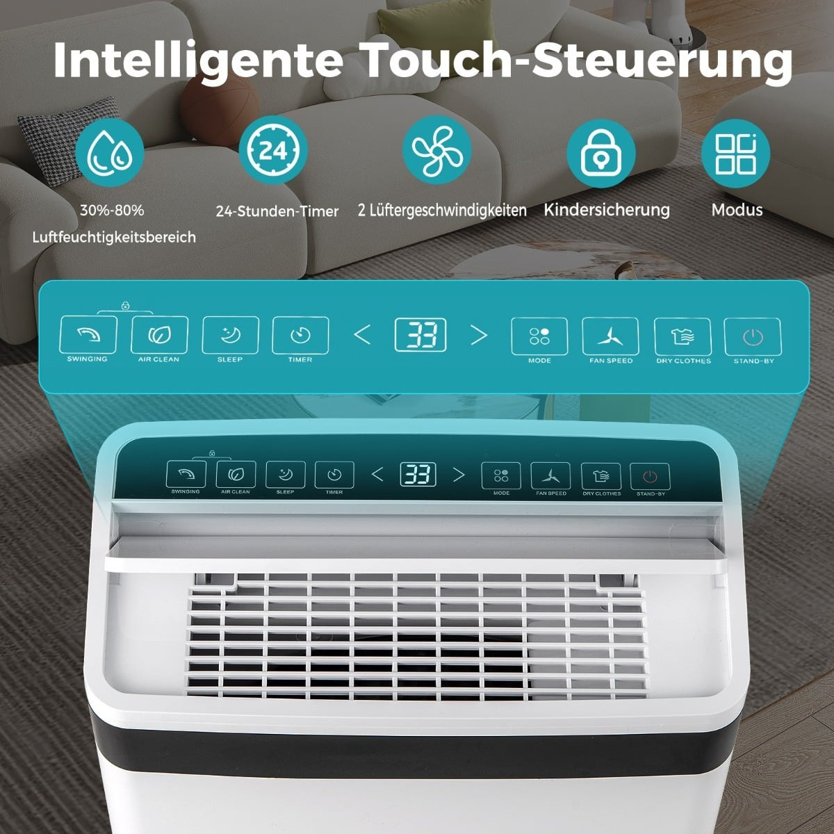Dehumidifier 28.5L/Day, 35m² Coverage, 4 Modes, White