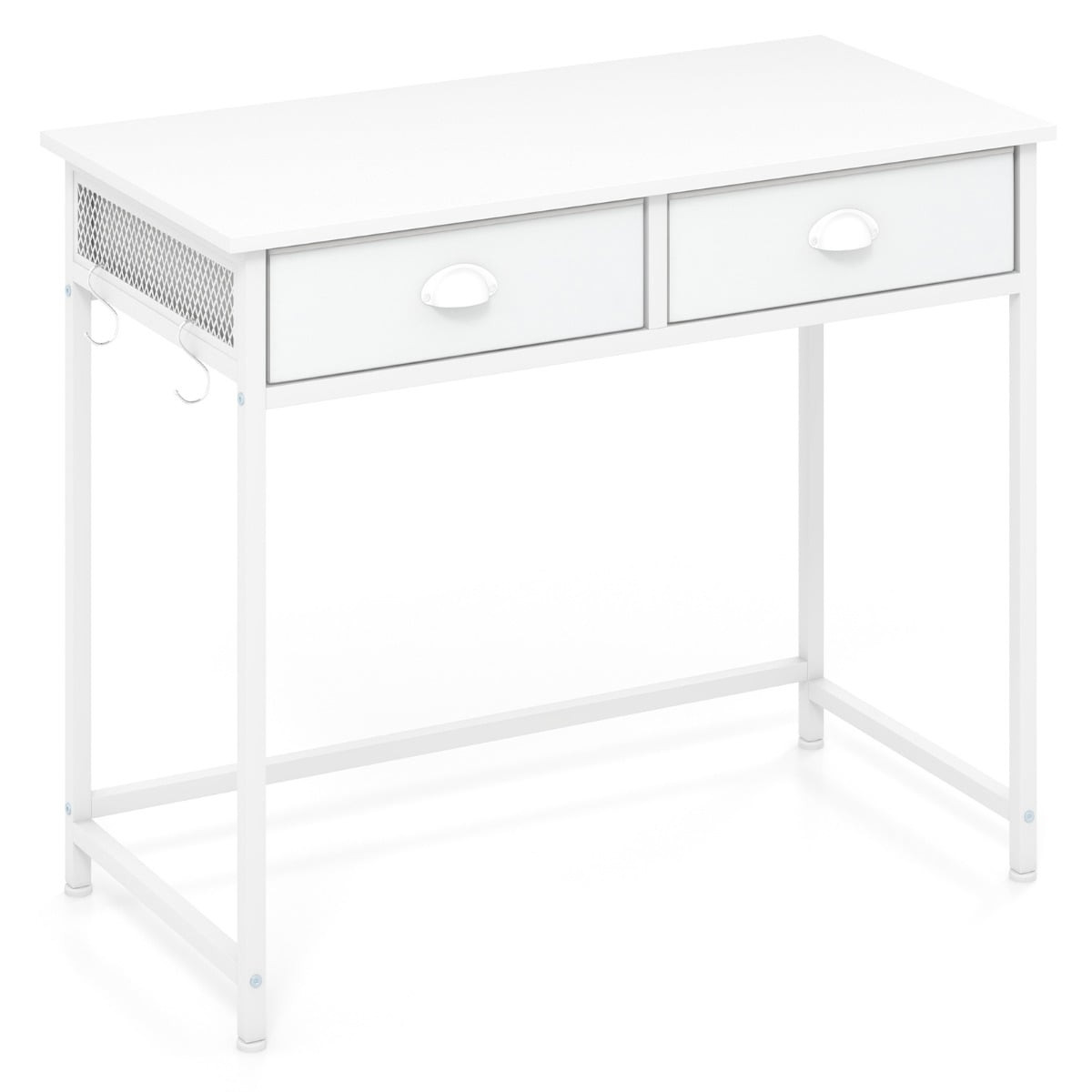 Mesa de computador compacta com 2 gavetas de tecido e ganchos.