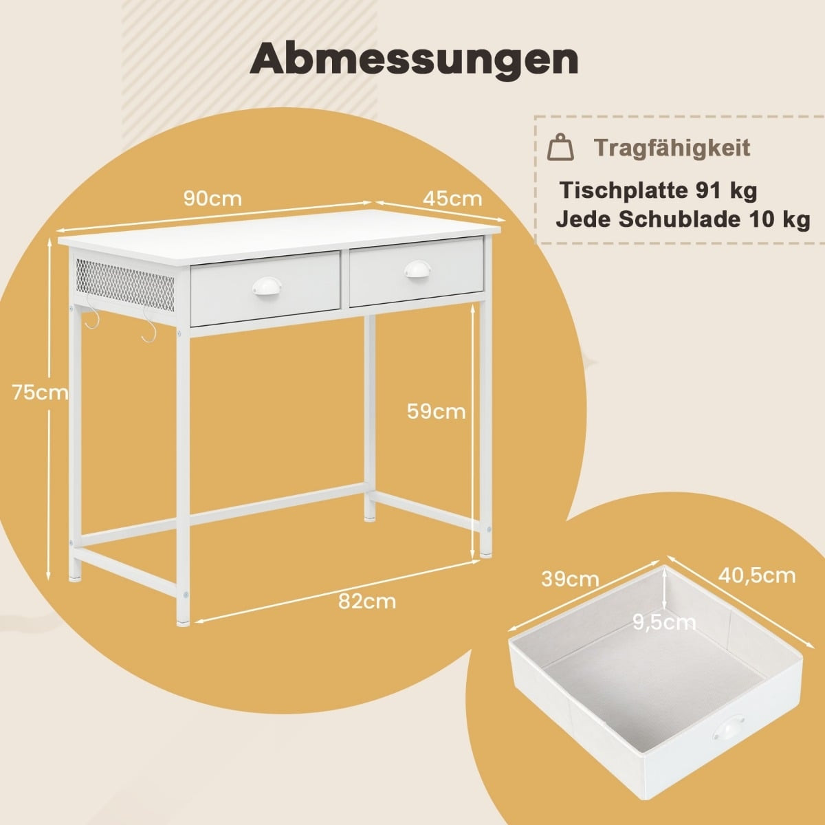 Mesa de computador compacta com 2 gavetas de tecido e ganchos.