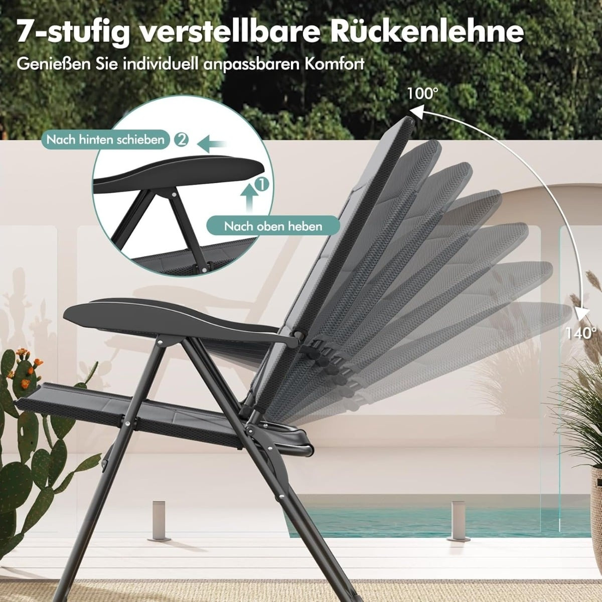 2-Piece Folding Patio Chairs, Adjustable Backrest, Grey